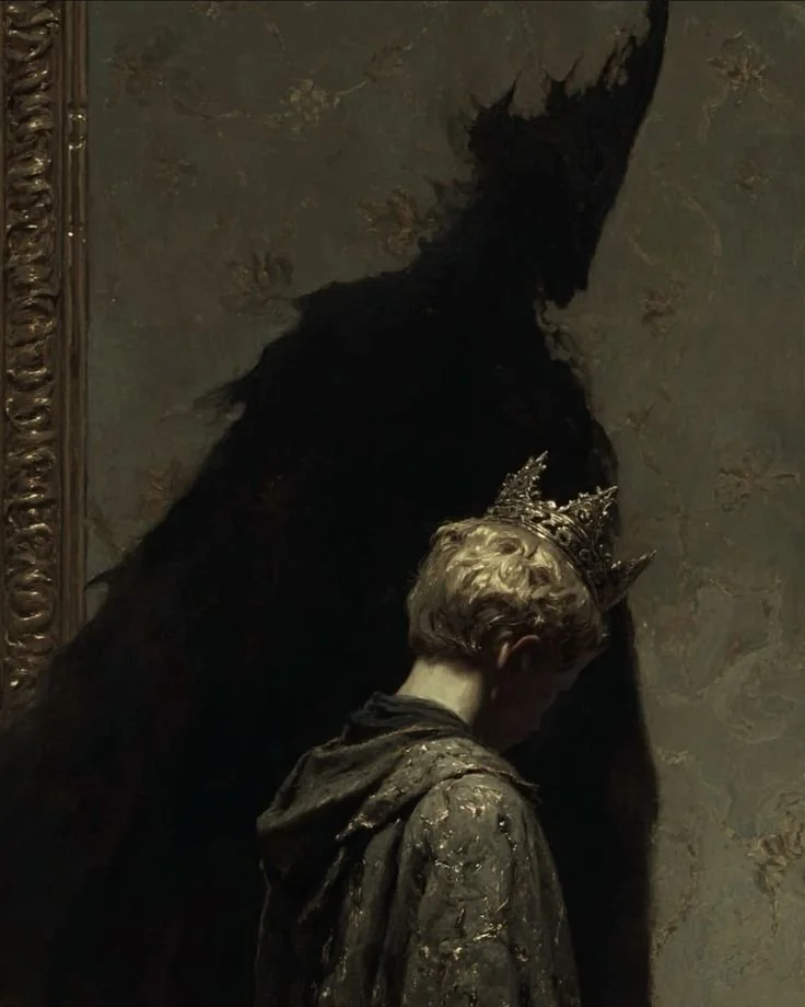 A young boy with blond hair and a dark, patterned hoodie wearing a crown, standing with his head bowed in front of a large dark shadow or figure, against a textured wall with ornate framing visible on the left.