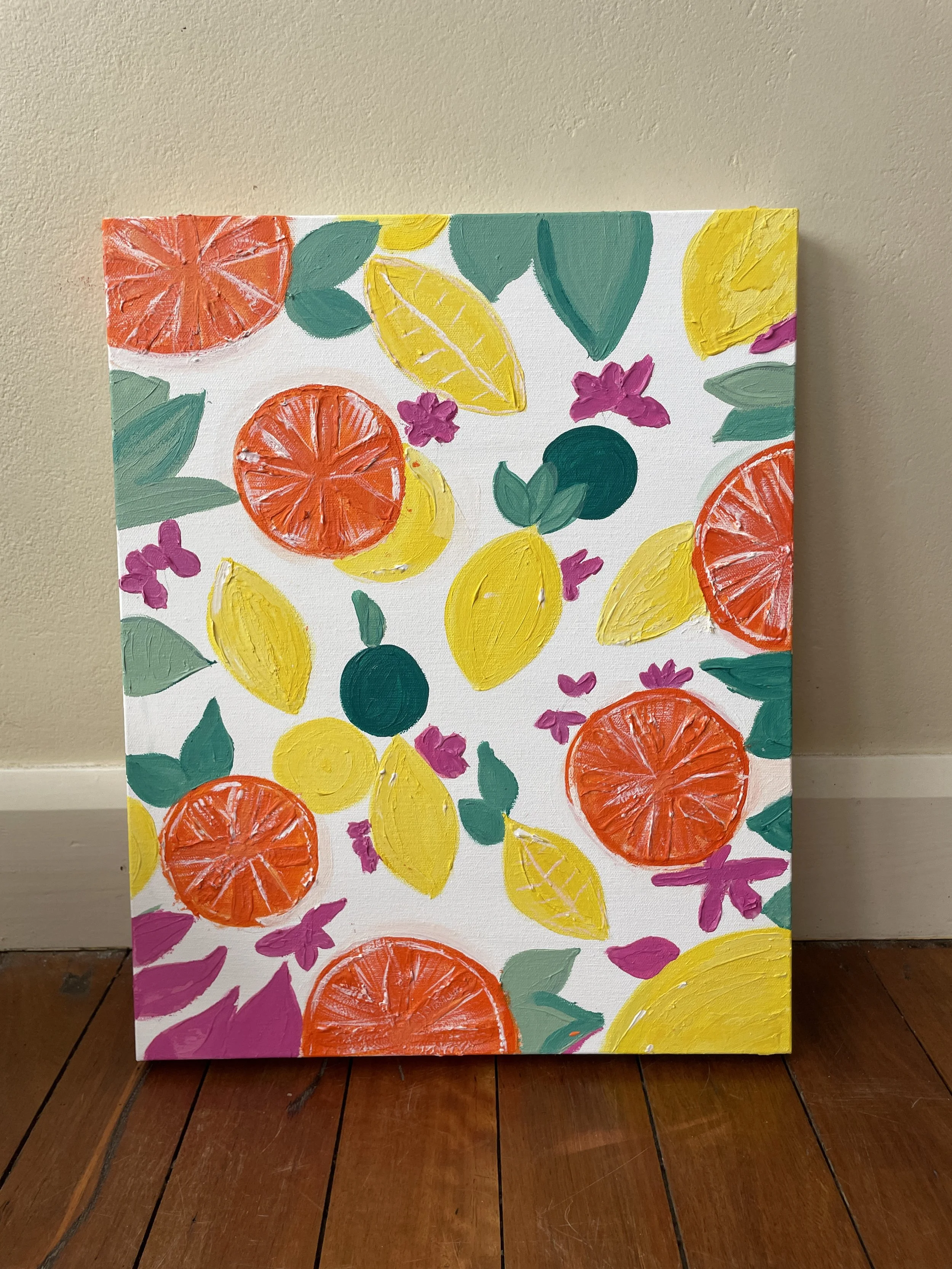 Colorful painting of citrus fruits, including oranges, lemons, and limes, with green leaves and pink accents on white background.