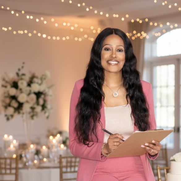 A woman with long black hair wearing a pink blazer and light-colored top, holding a clipboard and pen, standing in a decorated event room with string lights, floral arrangements, and tables with candles.