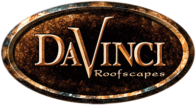 The logo of DaVinci Roofscapes, featuring an oval shape with a textured brown background and the company name in stylized font.