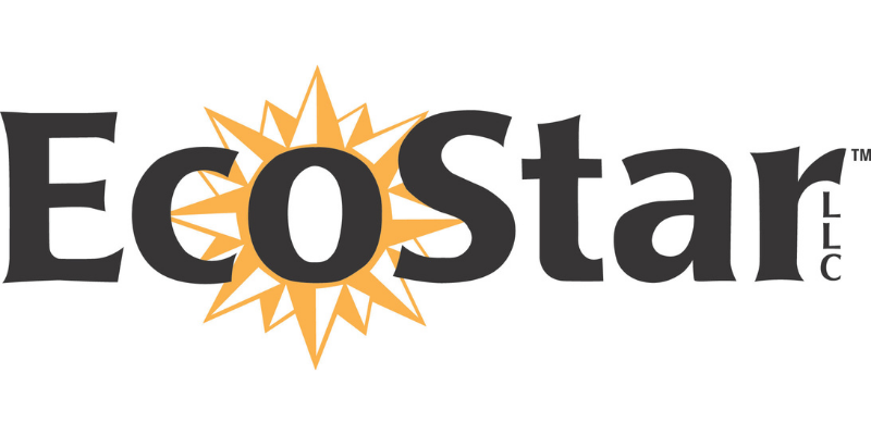 Ecostar LLC logo with black text and an orange sunburst design around the 'O' in 'Eco'