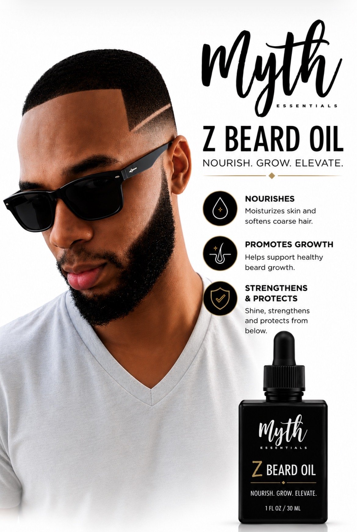 A man with a neatly trimmed beard, wearing black sunglasses and a white shirt, poses next to a bottle of Myth Essentials Z Beard Oil. The image promotes beard oil benefits such as nourishing, promoting growth, and strengthening and protecting the bea