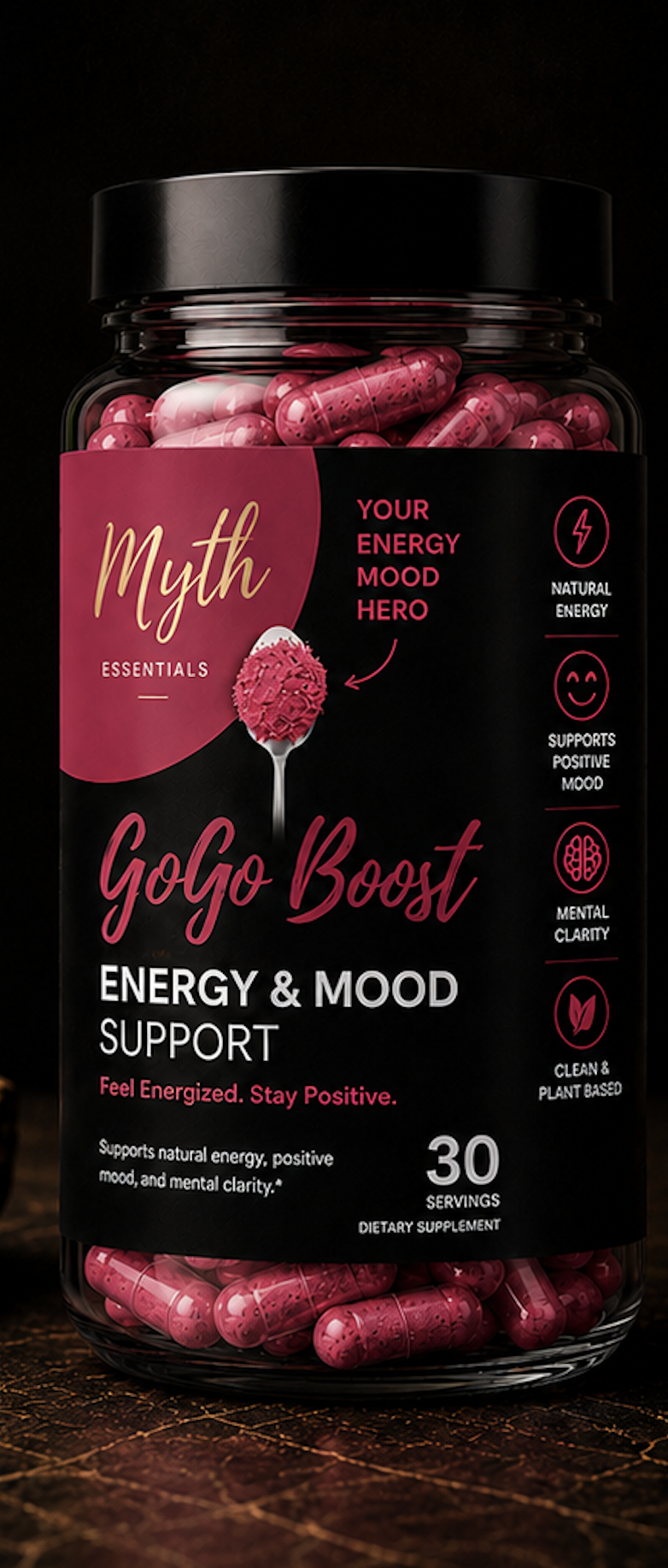 A black jar with pink capsules labeled 'Myth' brand GoGo Boost energy and mood support supplements, with text indicating benefits like natural energy, positive mood, mental clarity, and plant-based ingredients.