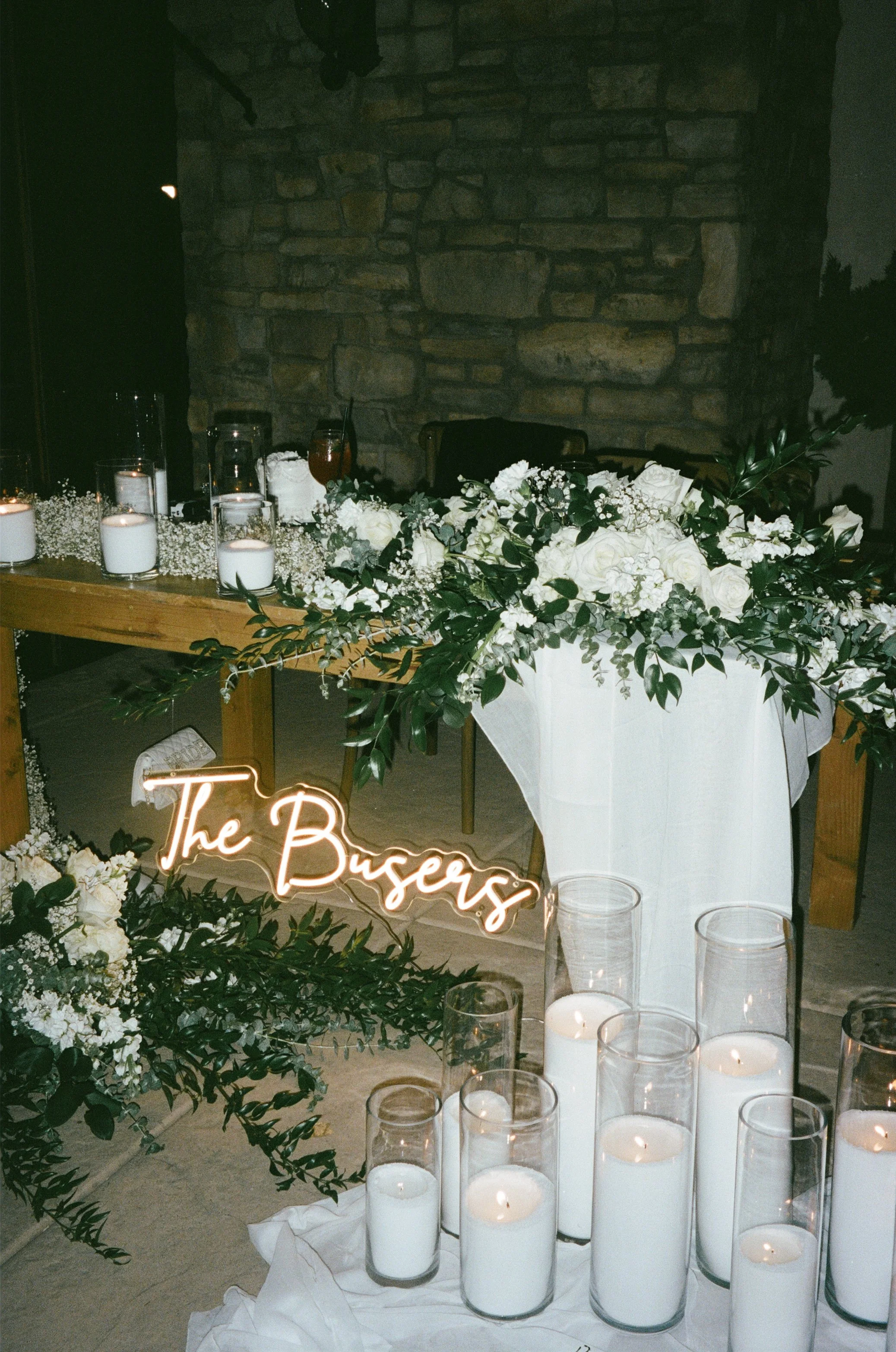 Reception table details photographed with flash lighting at wedding reception captured on film