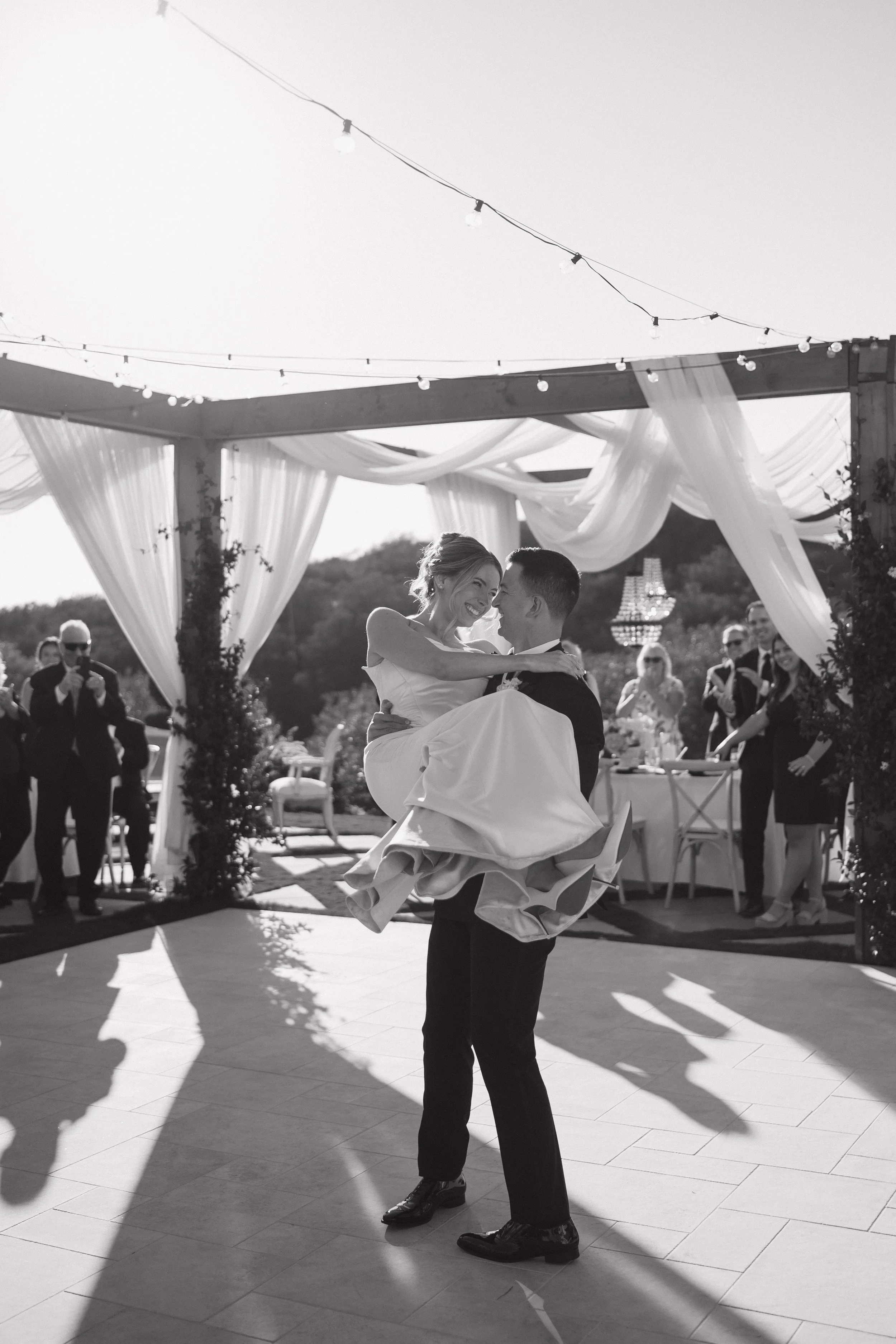 Wedding reception first dance of Bride and groom at Jeune Perché in Oceanside, California by Jennifer Noelle