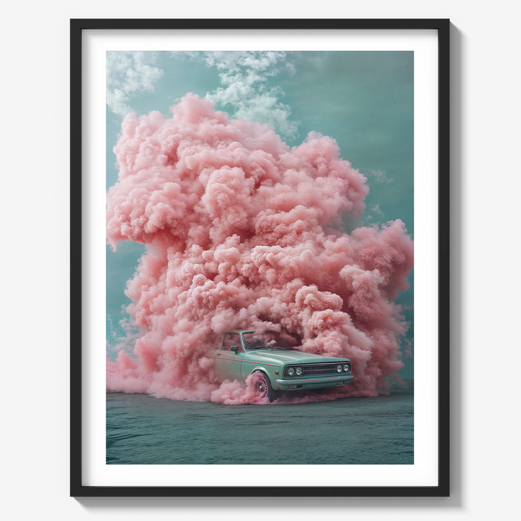 Crop Duster – A surreal car art print featuring a vintage green car engulfed in pink smoke, part of the Cars & Cotton Candy series by Studio Merdè.