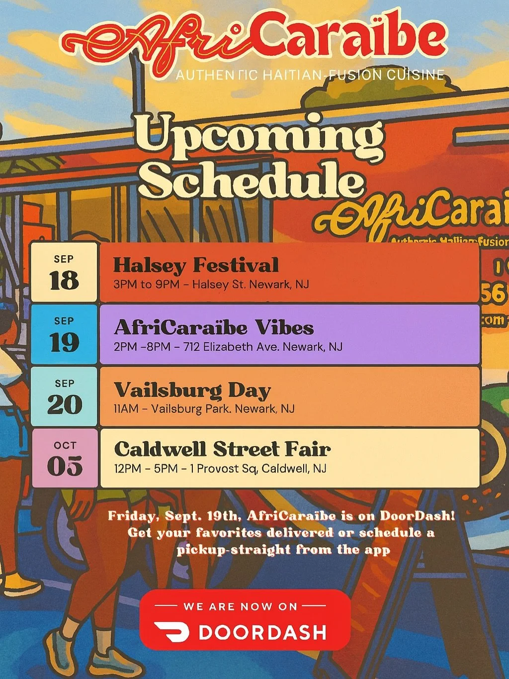 ✨ AfriCara&iuml;be is on the move! ✨

Here&rsquo;s where you can catch us 🇭🇹🌴🔥

📍 Sept 18 &ndash; Halsey Festival - Newark, NJ
📍 Sept 19 &ndash; Elizabeth Ave. Newark, NJ
📍 Sept 20 &ndash; Vailsburg Day - Newark, NJ
📍 Oct 5 &ndash; Caldwell S