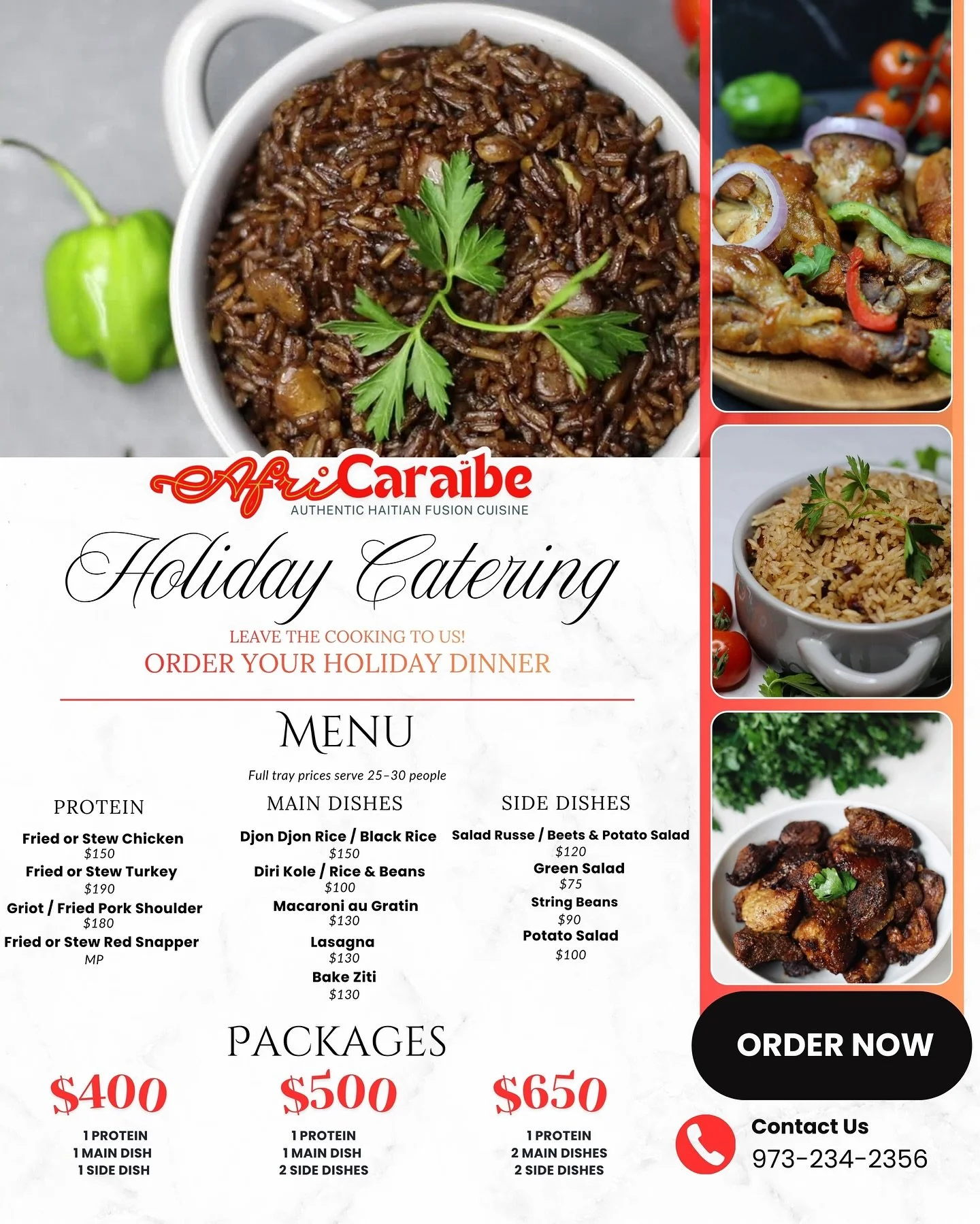Holiday cooking? We&rsquo;ve got you covered. 🦃🎄✨ 
Order your AfriCara&iuml;be catering today!

#AfriCaraibeEats
#AfriCaraibe
#HaitianFood
#Caribbeanfood
#NJFoodtruck