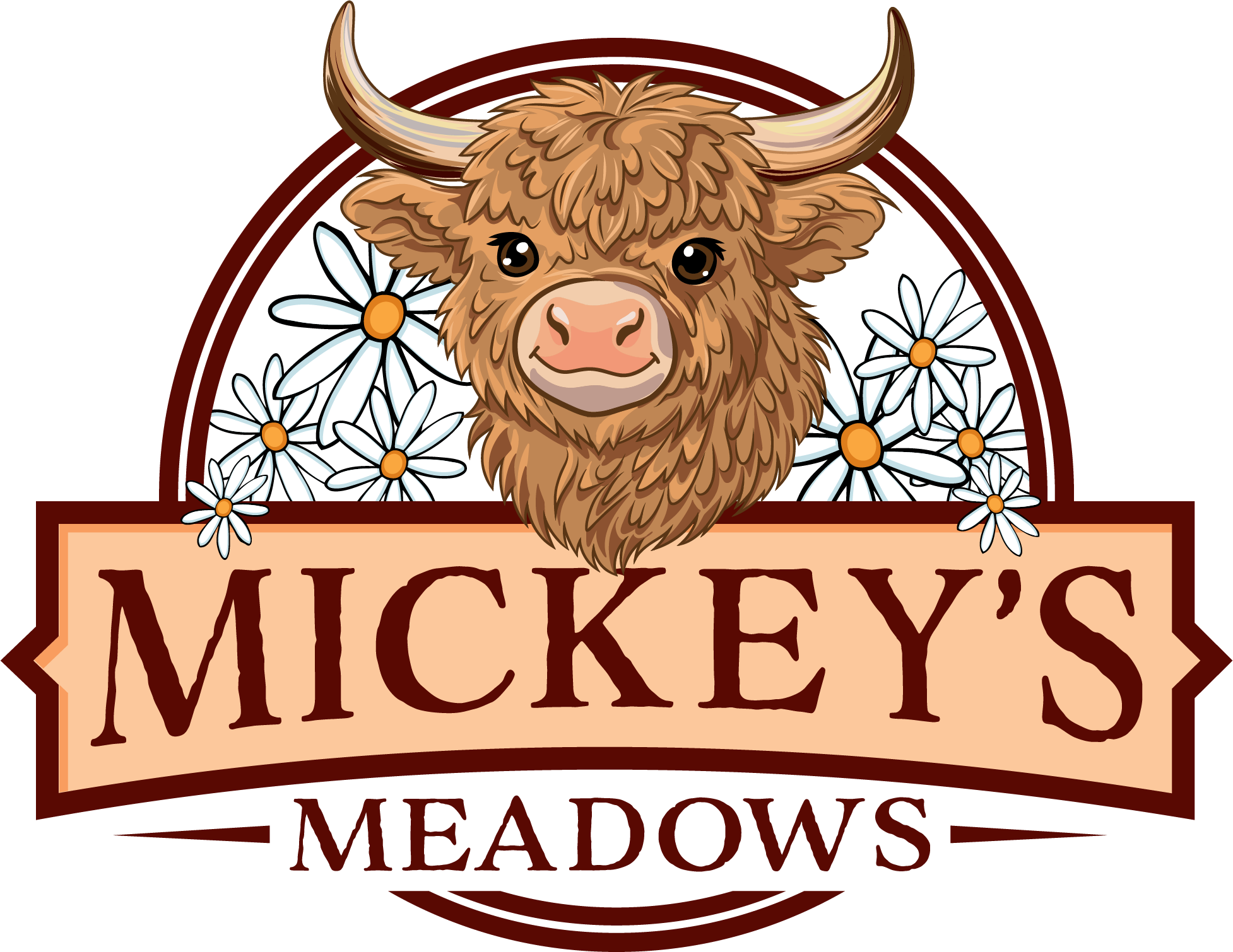 Illustration of a highland cow with fluffy fur, large horns, and a friendly expression, surrounded by white daisies with orange centers, above a banner that says 'Mickey's' in brown letters on a peach background.