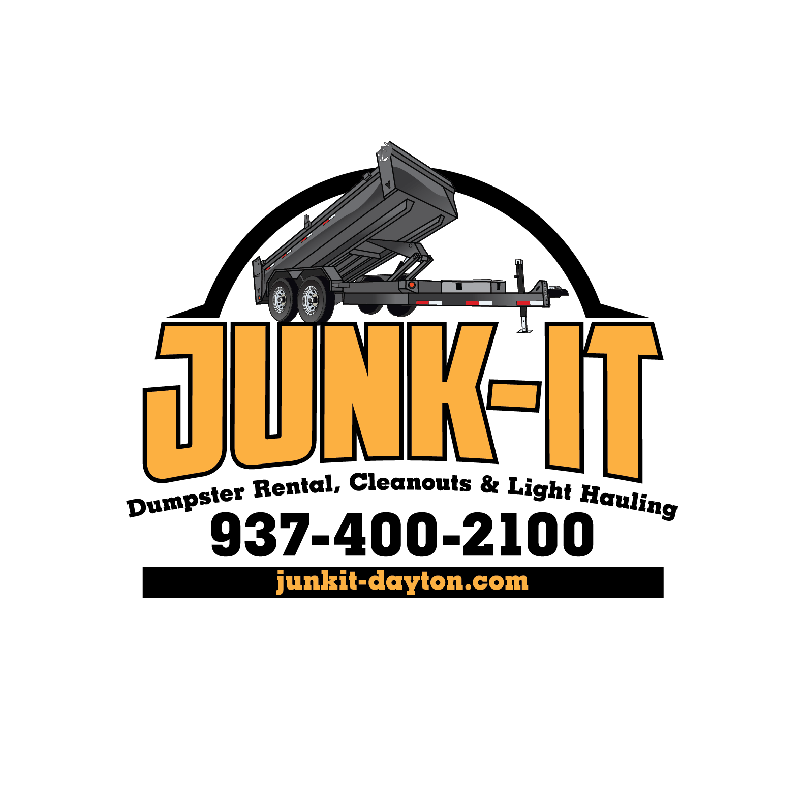 Logo for Junk-It featuring a black background, an illustration of a black dump trailer, with the text 'Junk-It' in large orange letters and the website junkit-dayton.com in smaller orange letters below.