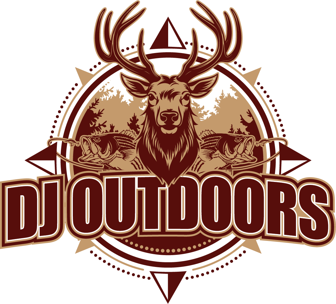 Outdoor adventure logo featuring a deer head with large antlers, two fish flanking the deer, and the word 'DJ Outdoors' at the bottom.