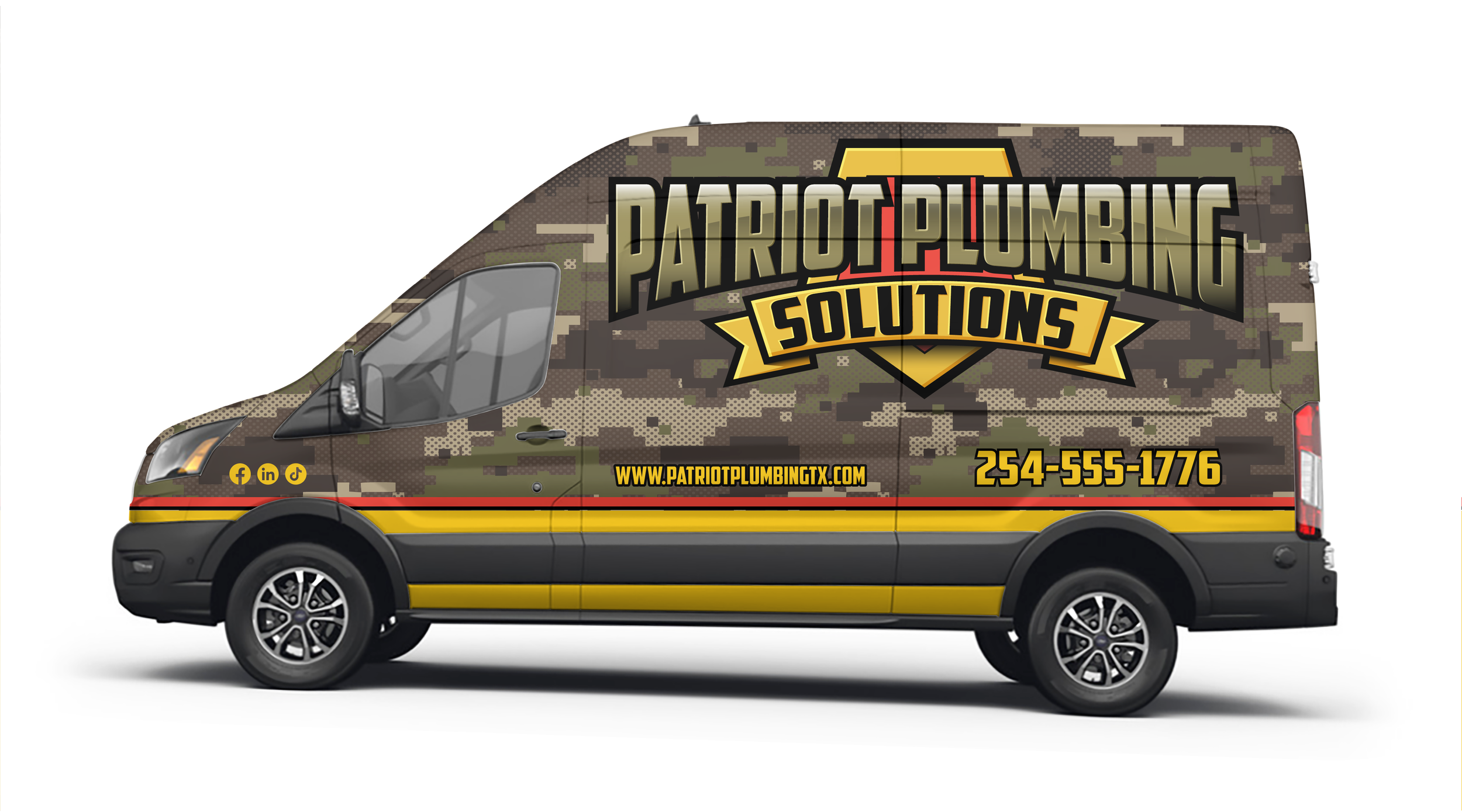Patriot Plumbing Solutions service van with camo design, logo, website, phone number, and social media icons.
