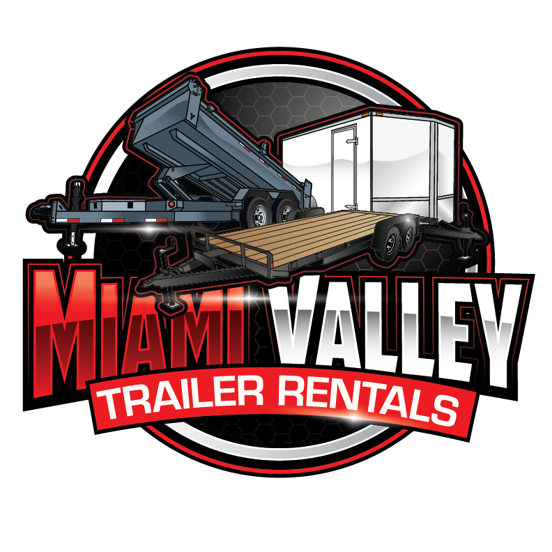 Logo for Miami Valley Trailer Rentals featuring a truck and a trailer on a black background with red and white text.