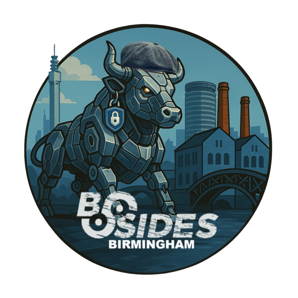 Artwork of a futuristic robotic buffalo wearing a beret, with an industrial cityscape in the background, promoting BOSIDES Birmingham.