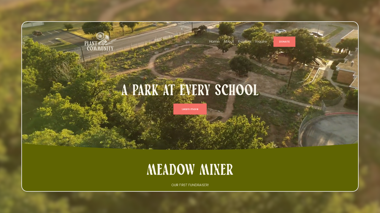 Aerial view of a community park with trees, pathways, and surrounding buildings, promoting a project by Plant the Community with options to donate, learn more, and explore about the project.