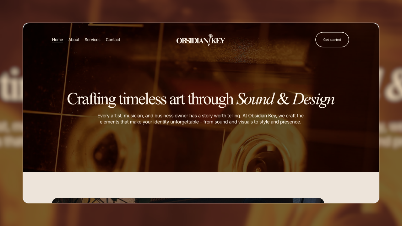 Website homepage for Obsidian Key, a company focused on sound and design, featuring a dark background with an image of a speaker or musical instrument and the tagline 'Crafting timeless art through Sound & Design'.