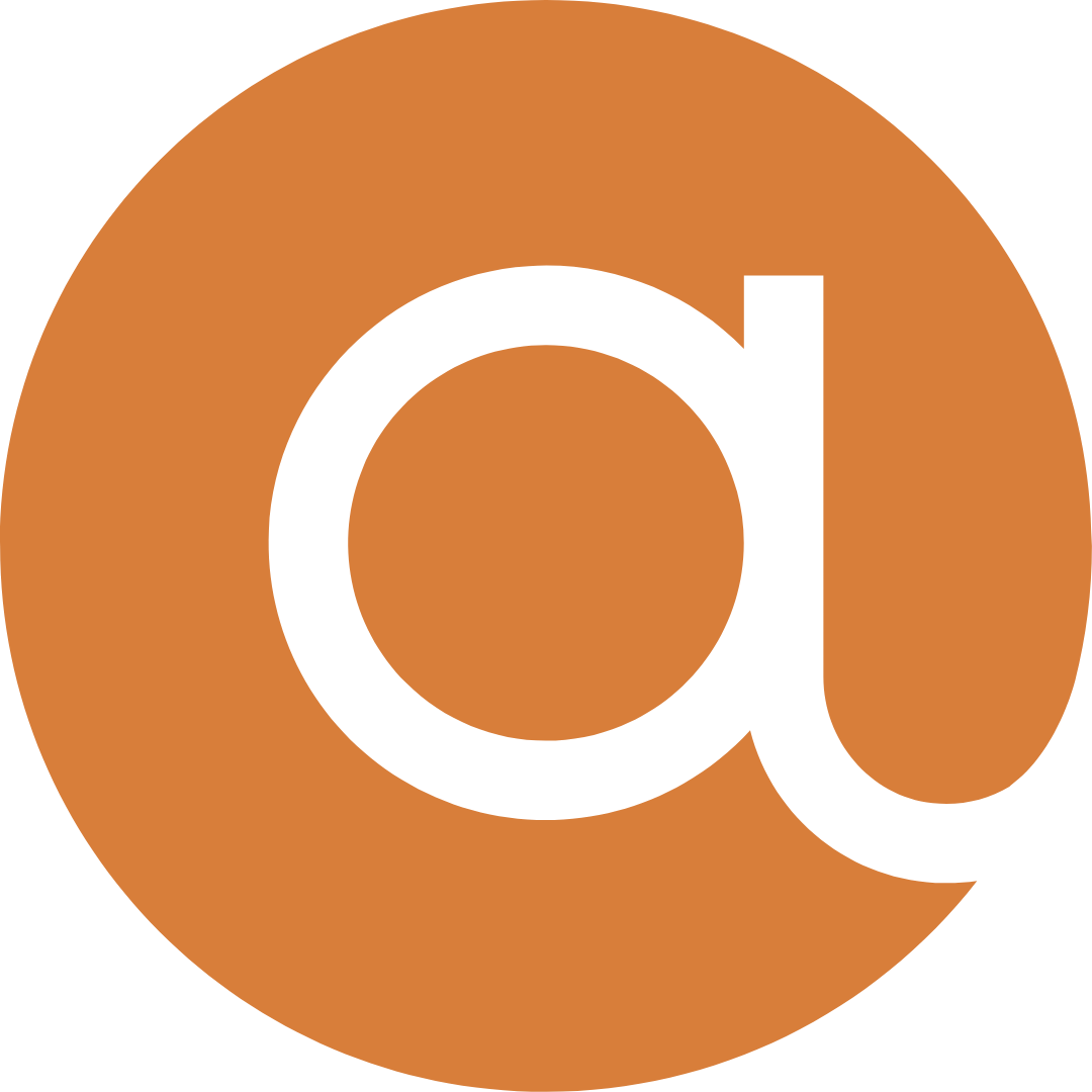 Large circular logo with a black lowercase 'a' inside a brown circle.