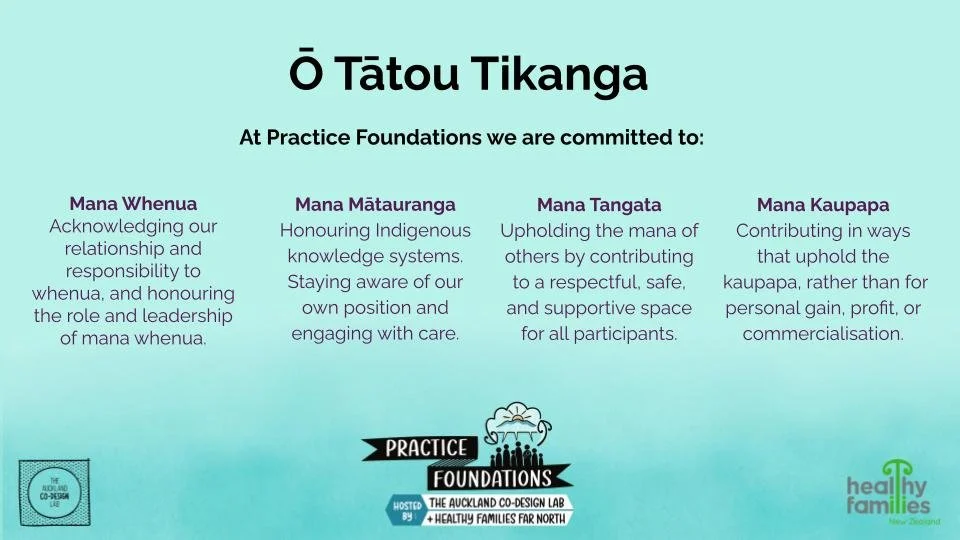 Practice Foundations Tikanga - Mana Whenua, Mana Mātauranga, Mana Tangata, Mana Kaupapa with definitions and logos