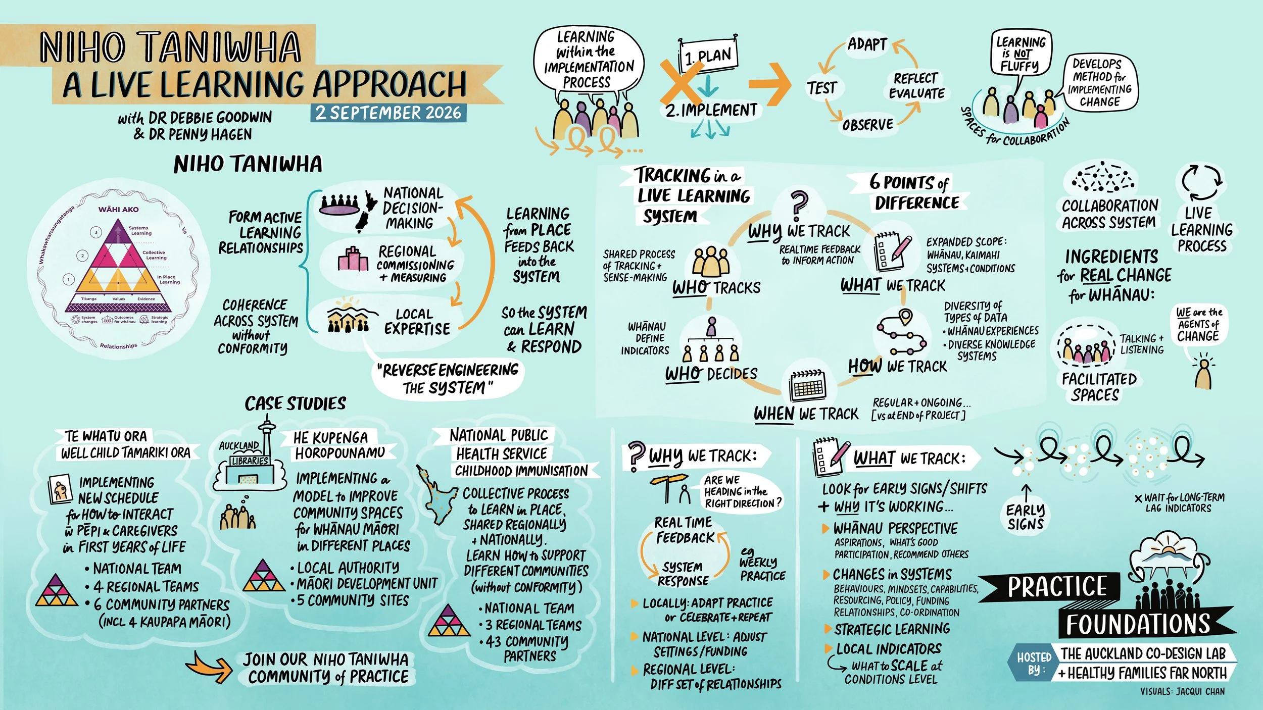 Visual summary of September's Practice Foundations session on Niho Taniwha