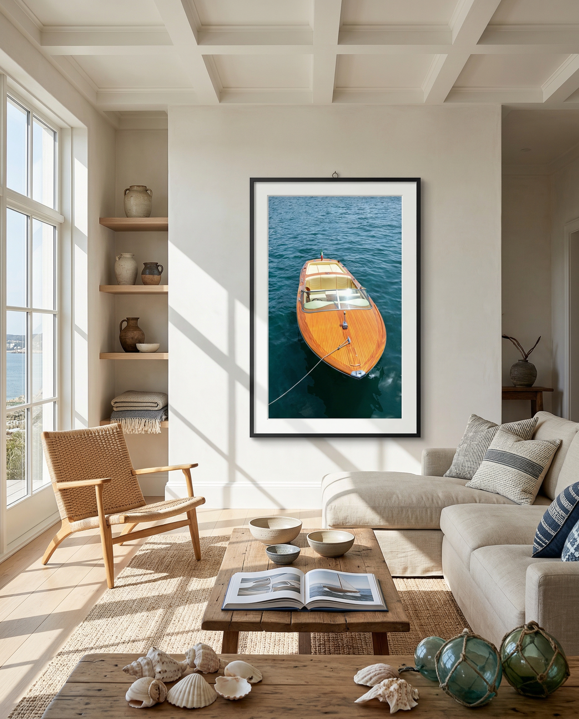 Living room with a large framed photograph of a wooden boat on the water hanging on the wall. Beige sofa with throw pillows, wooden coffee table with shells and bowls, woven chair, large window letting in natural light, and decorative vases on shelves and side table.