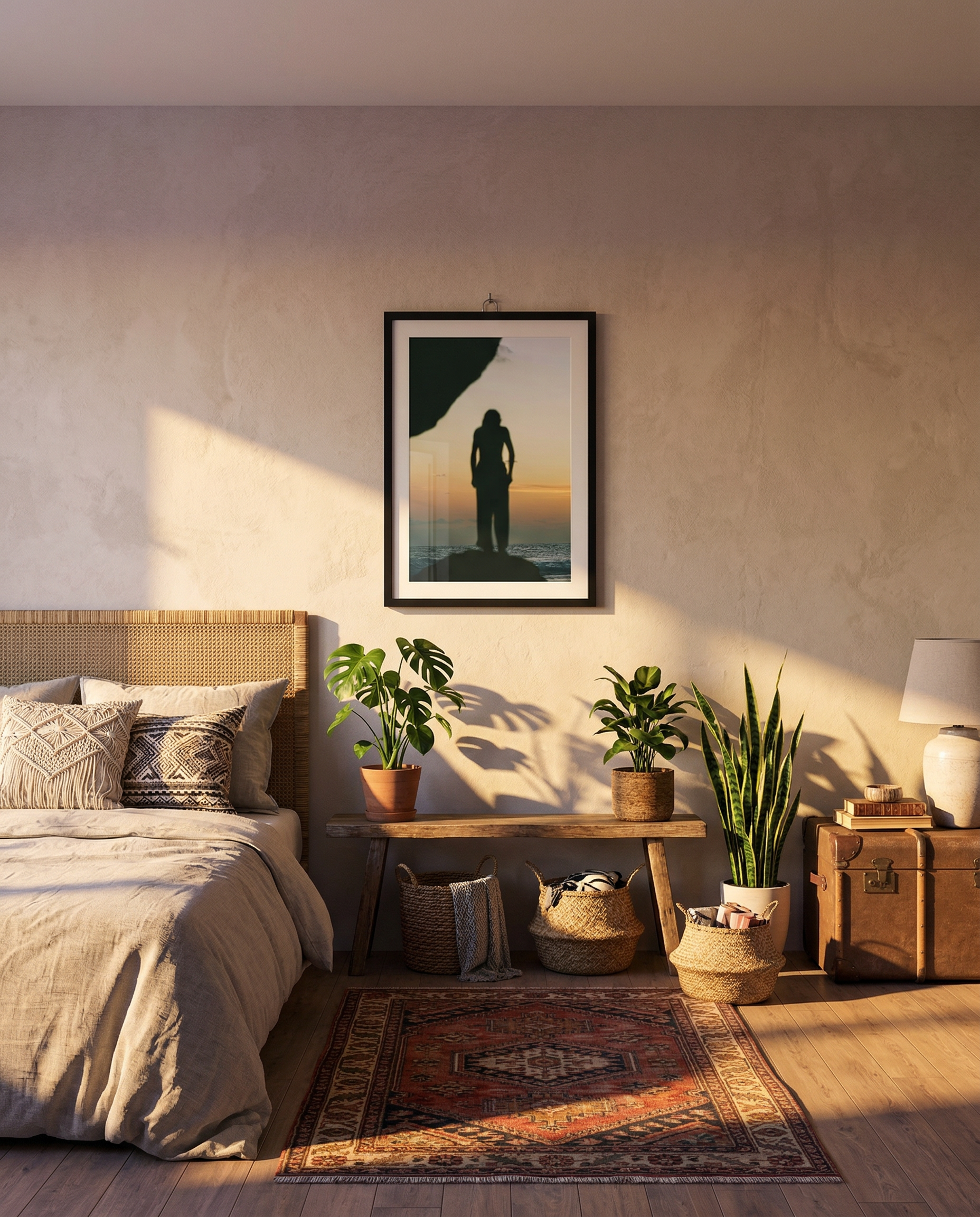 A cozy bedroom with a neatly made bed, patterned pillows, and a woven headboard. A wooden bench with potted plants and baskets sits against the wall, illuminated by warm sunlight. A framed silhouette photo of a person at sunset hangs on the wall, and a vintage trunk with a lamp and books sits beside it on a wooden floor with a decorative rug.