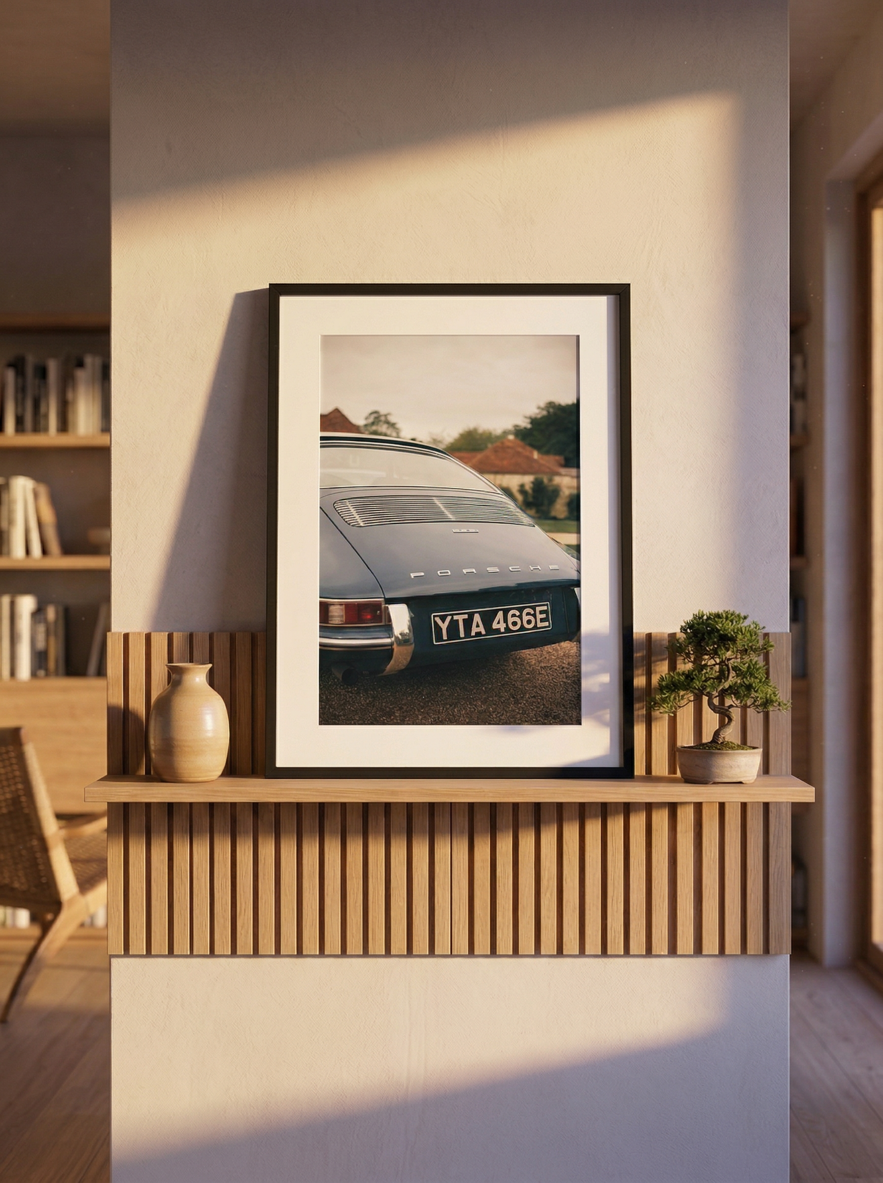 A framed photograph of the rear of a classic Porsche car with the license plate 'YTA 466E,' placed on a wooden shelf with a beige vase and a small bonsai tree. The setting appears to be a well-lit interior with bookshelves in the background.