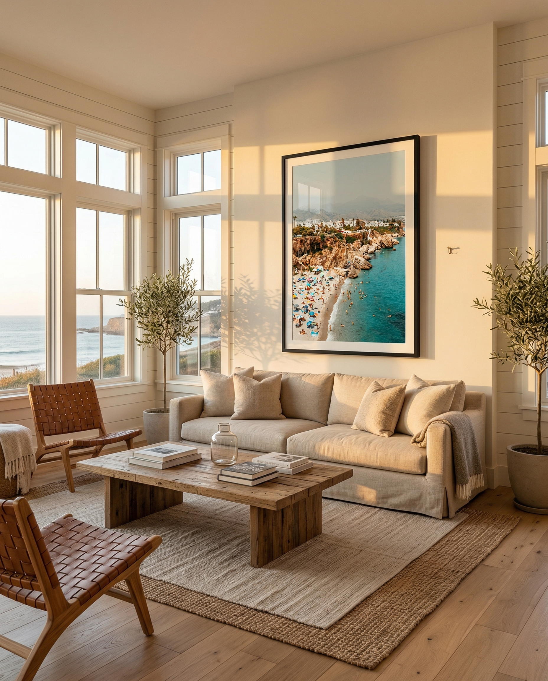Living room with large windows showing ocean view, beige sofa, wooden coffee table, leather chairs, potted trees, and wall art depicting a beach scene.