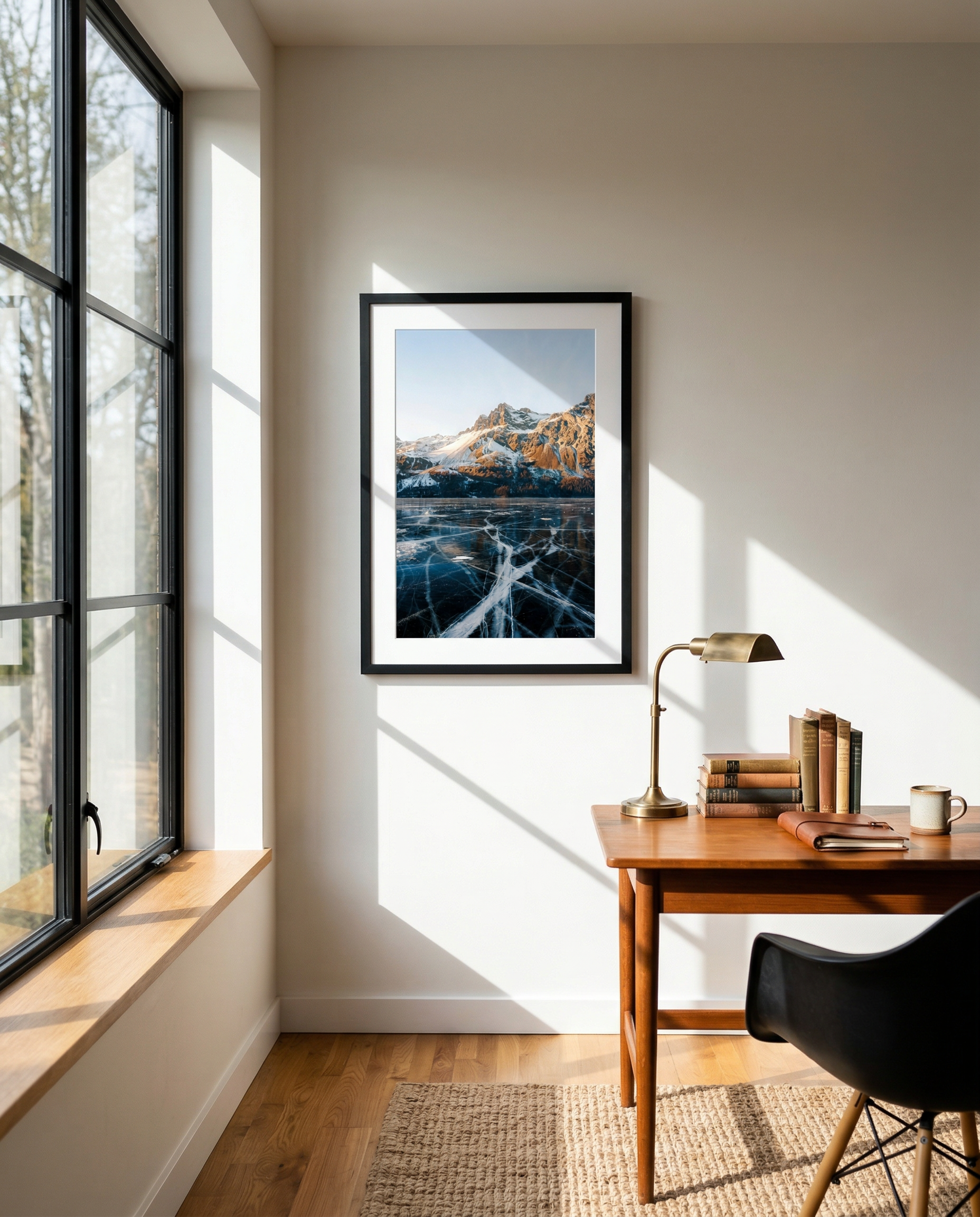 Sunlit home office with a wooden desk, black chair, brass desk lamp, stack of books, notebook, mug, framed mountain landscape photo on white wall, large window with black frame, natural wood flooring, beige rug.