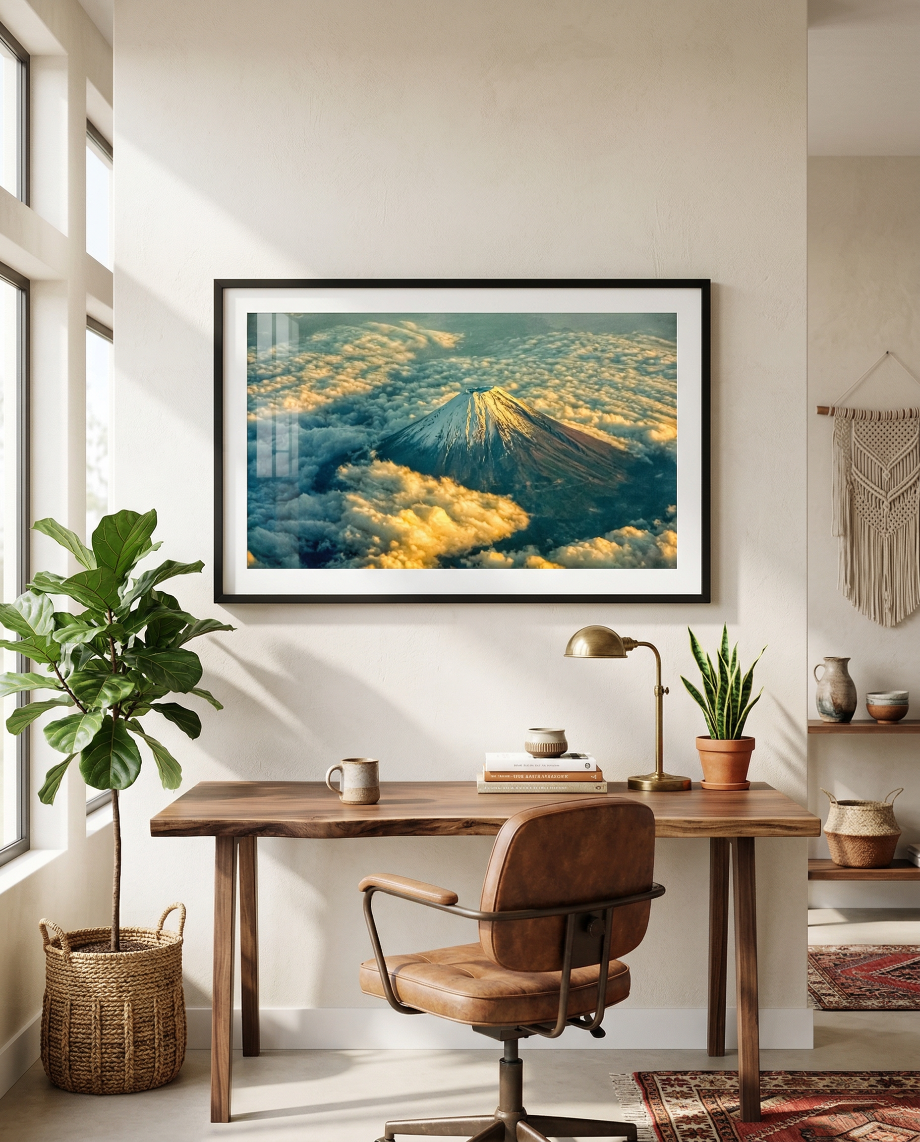 A framed photograph of a snow-capped mountain, likely Mount Fuji, surrounded by clouds, hanging on a white wall in a modern room with a wooden desk, potted plants, and decorative items.