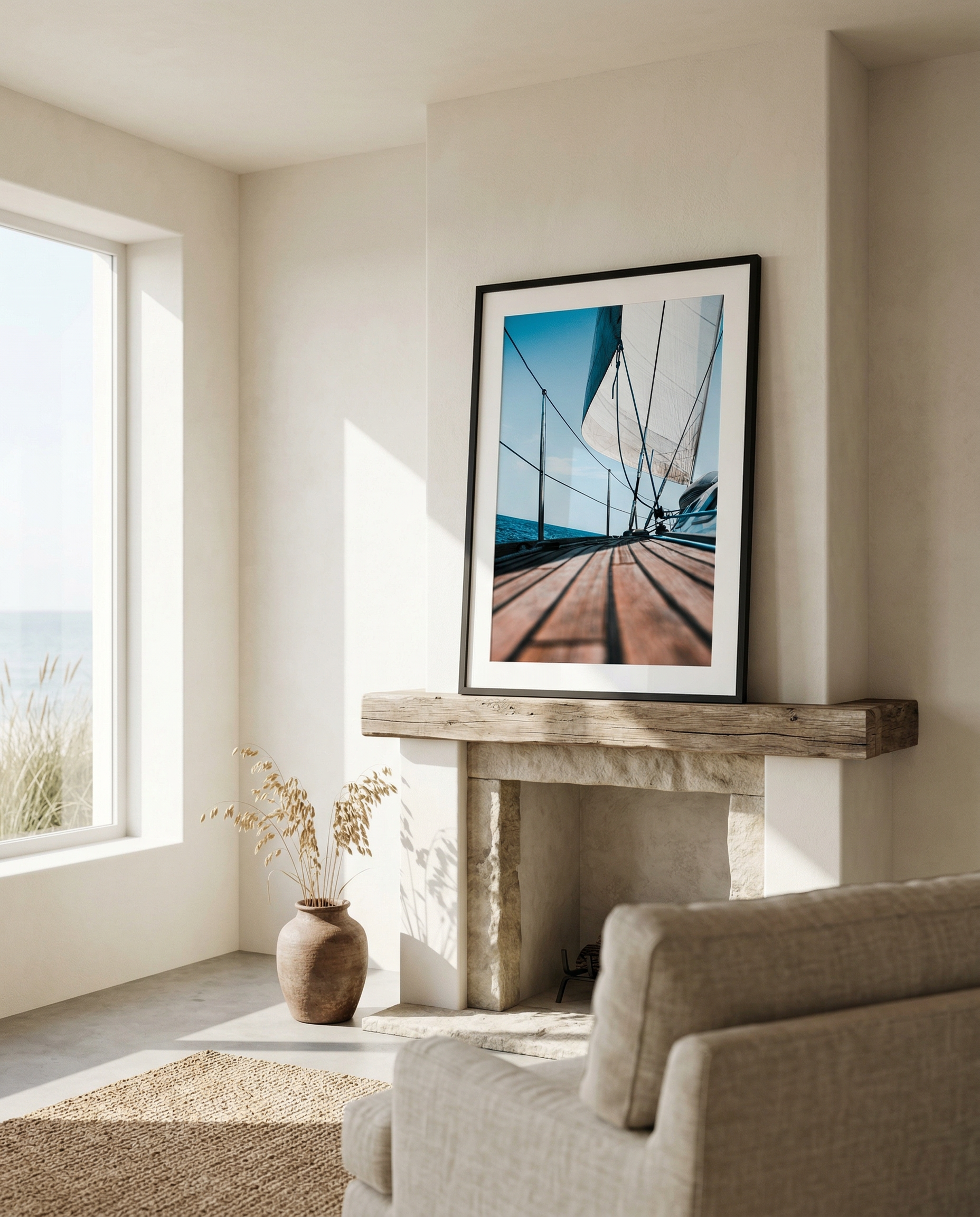 A framed photo of a sailboat's deck leaning against a fireplace in a sunlit living room.