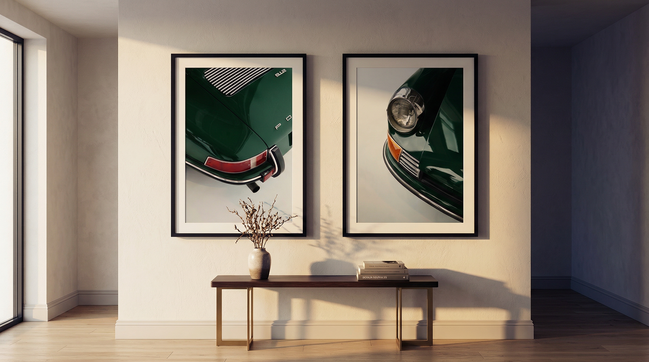 Wall art depicting close-up photos of classic green Porsche cars inside a modern home, with a wooden coffee table, a vase with dried branches, and a few books underneath.