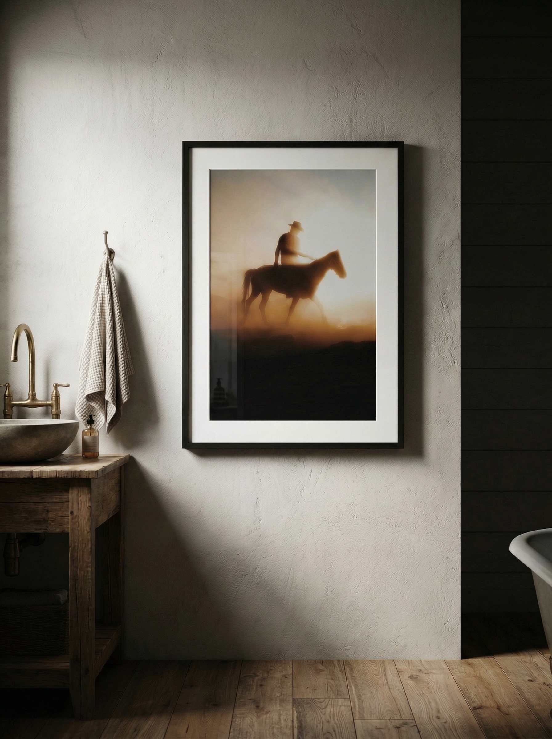 A framed photograph of a person riding a horse at sunset, hung on a textured off-white wall in a bathroom with wooden flooring, next to a rustic wooden sink counter with a metal basin and soap dispenser.