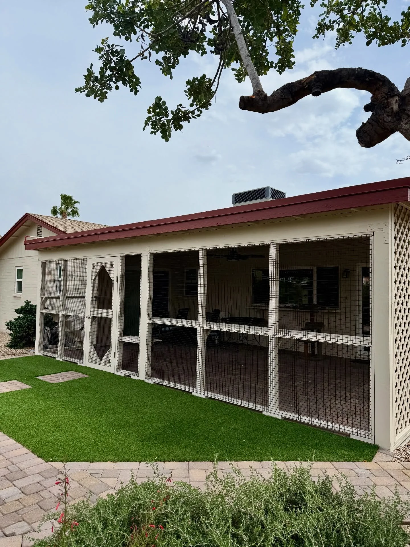 This patio enclosure has it&rsquo;s own kind of elegance and simple charm to it! Painted to blend in with the existing structure with a few shelves for kitties to get up high. 

On the day the catio was completed our client rescued two grown cats who
