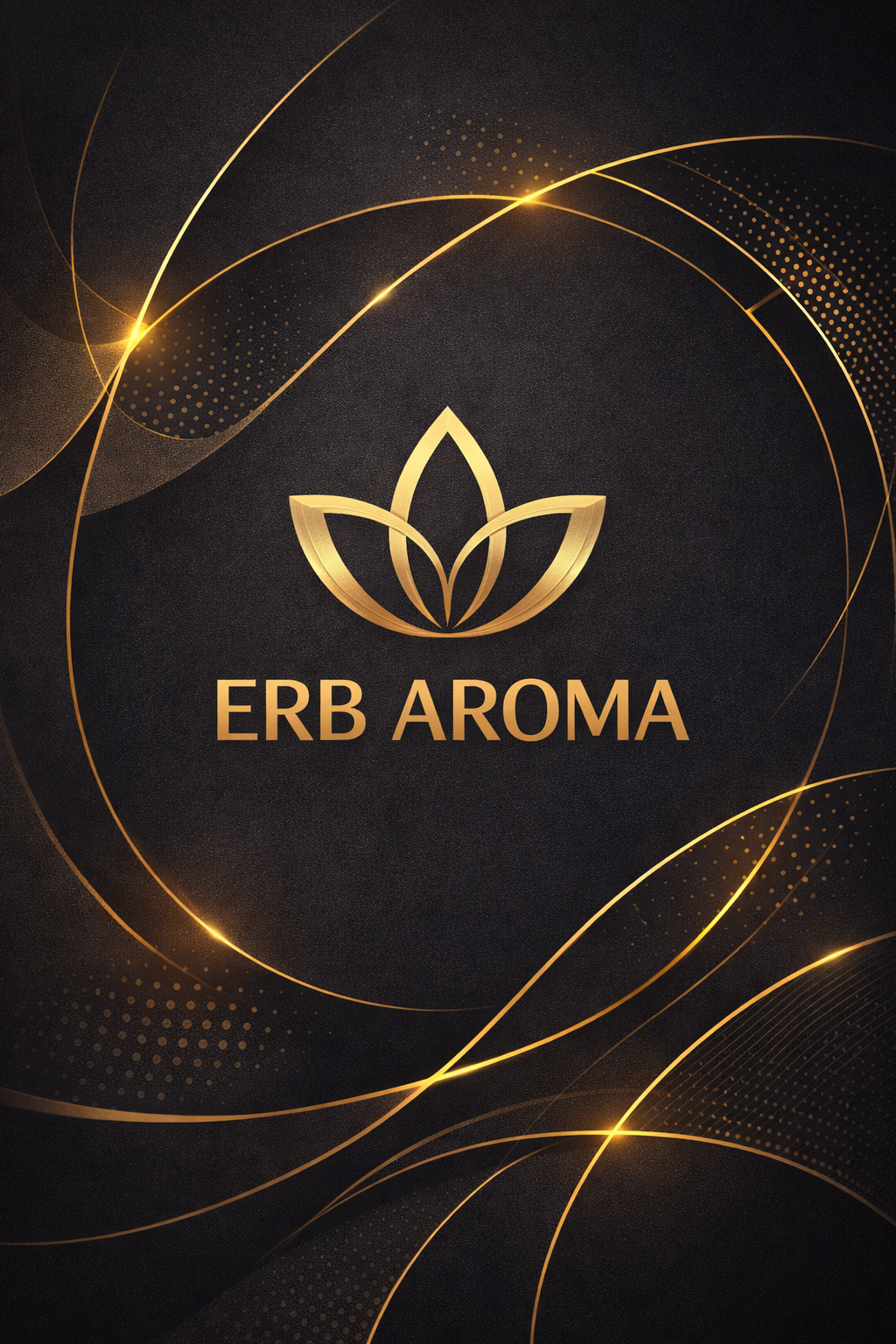 A black background with gold accents and a central gold lotus flower logo, alongside the text 'ERB AROMA' in gold.