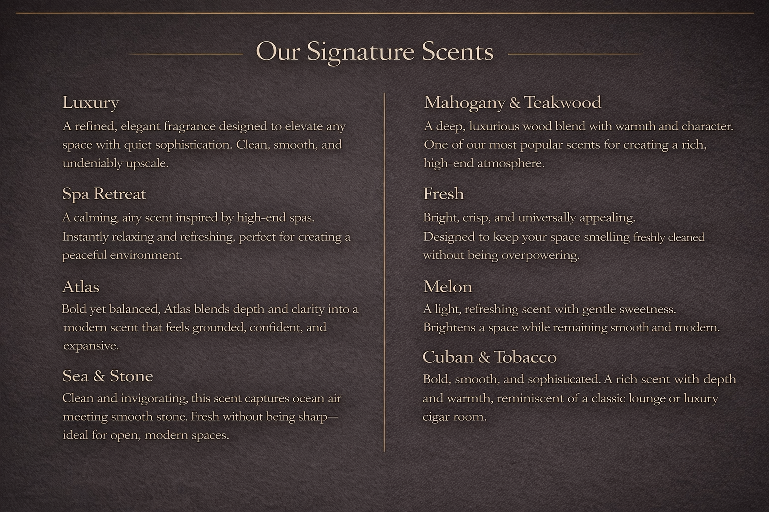 A poster titled 'Our Signature Scents' listing various fragrance options divided into two columns. The left column includes Luxury, Spa Retreat, Atlas, and Sea & Stone. The right column includes Mahogany & Teakwood, Fresh, Melon, and Cuban & Tobacco. Each scent has a description explaining its qualities.