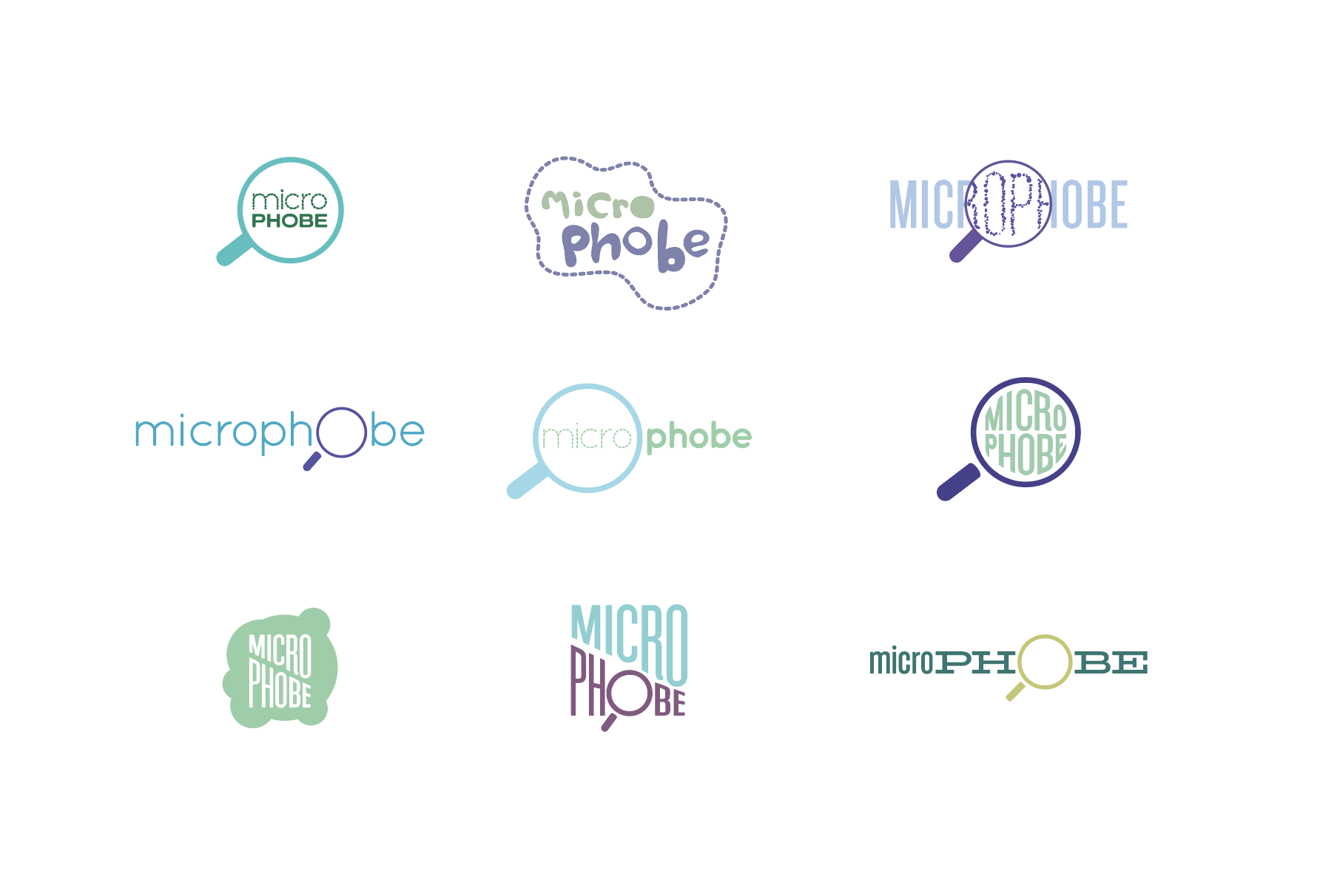 Collection of nine different microphobe logos featuring magnifying glasses with the word 'microphobe' in various fonts, colors, and styles.