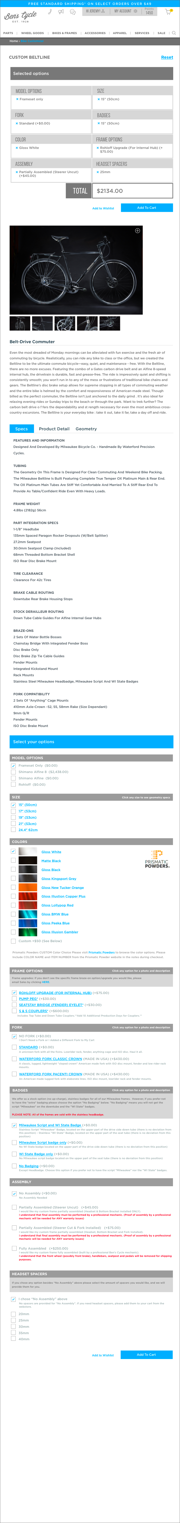 A webpage showing a custom bicycle build with detailed specifications, paint options, and component choices. Includes images of the bike, paint color palette, and specifications for components like the frame, fork, and handlebars.