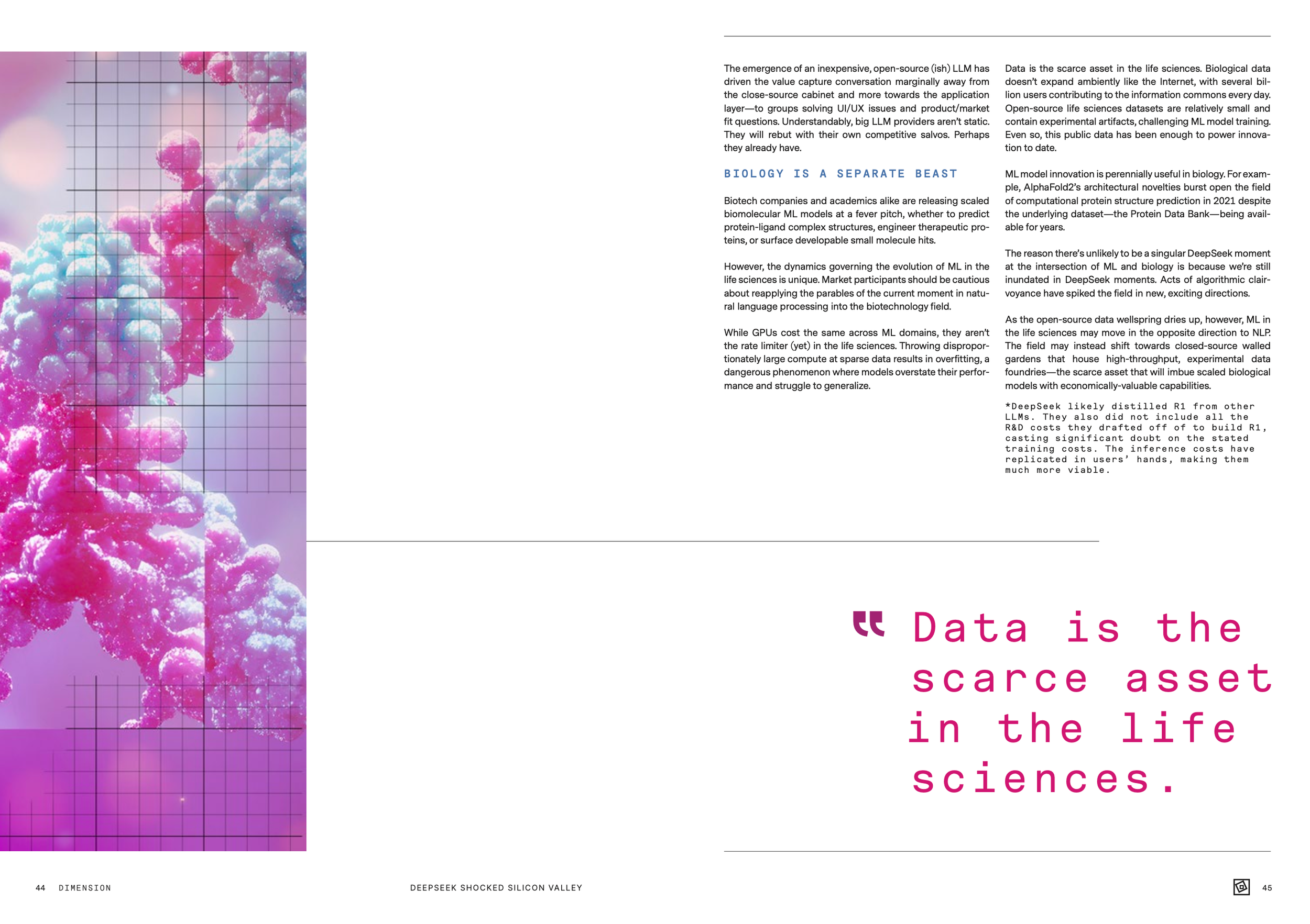 A spread of a magazine or report page with a colorful image of cloud formations on the left side and text on the right side discussing biotechnology, open-source data, and machine learning in life sciences.