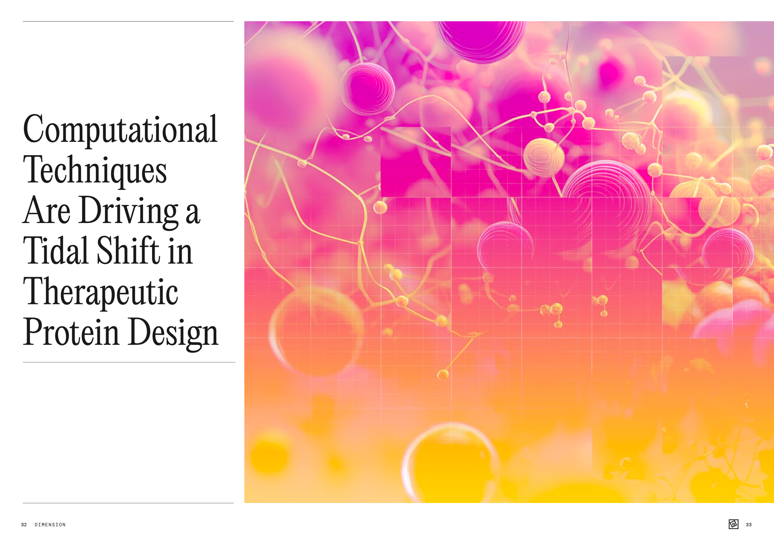 Pages from a scientific publication with a title about computational techniques in therapeutic protein design. The right page features a colorful abstract background with interconnected spheres and lines, primarily in pink, purple, and yellow hues.