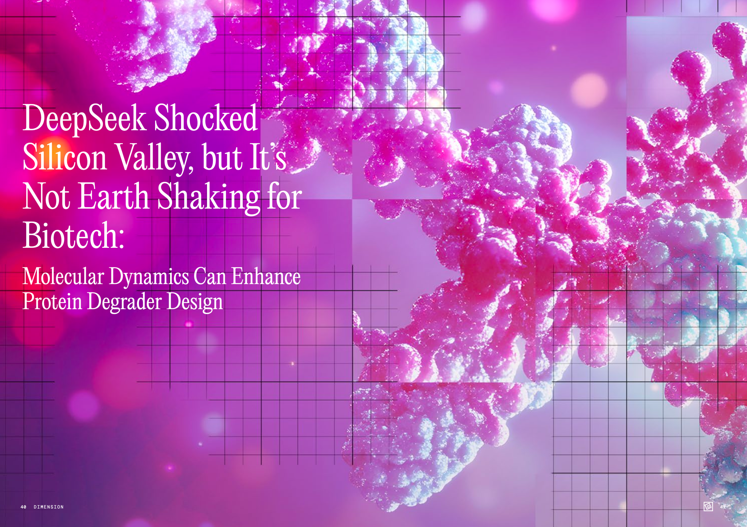 A digital illustration of a molecular structure with pink and purple hues, superimposed with grid lines and a grid pattern, accompanied by text about biotech and molecular dynamics.