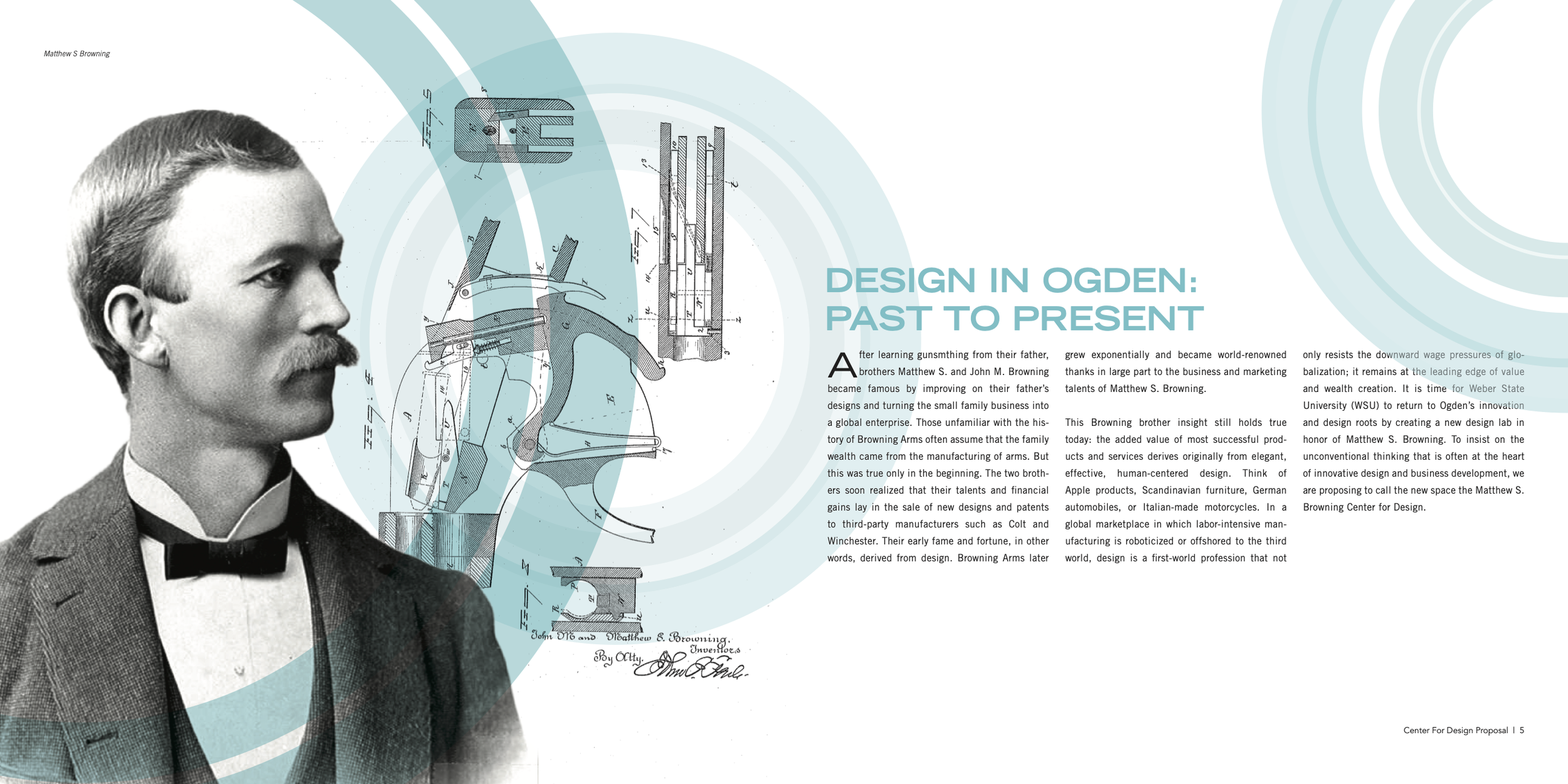 A black and white vintage photograph of a man with a mustache, dressed in a tuxedo with a bow tie, accompanies a technical drawing with blueprint elements and circular design accents. The image includes an article titled 'Design in Ogden: Past to Present' discussing the history and evolution of design and innovation.