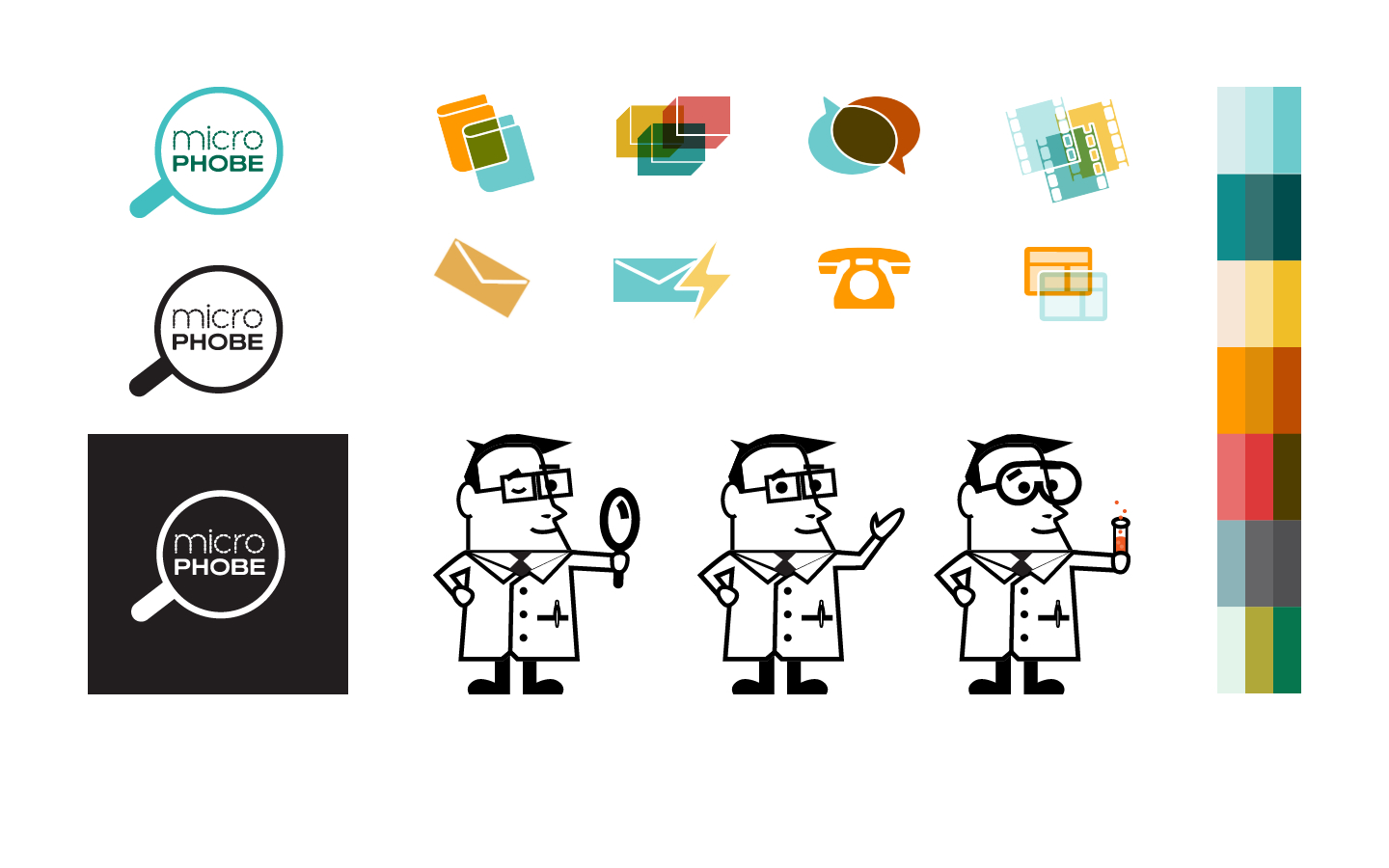 A graphic illustration of a scientist character in three different poses, holding a magnifying glass, a pointer, and a test tube. Surrounding icons include magnifying glasses with 'micro PHOBE', stained glass, speech bubbles, film strips, envelopes, 