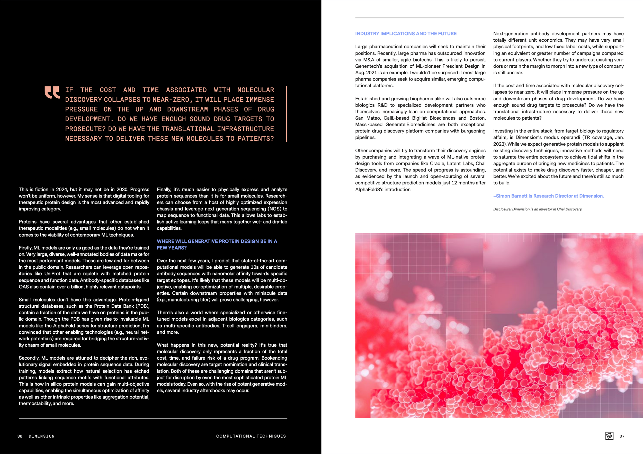 Two-page magazine article. The left page has a black background with orange and white text about molecular discovery and protein design. The right page has a white background with blue and black text discussing industry implications, future prospects