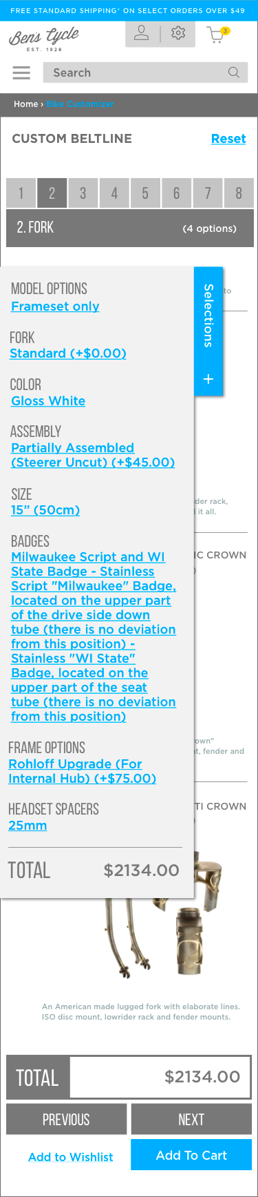 Screenshot of a bike builder webpage with options for customizing a bicycle's parts, including model, fork, color, assembly, size, badges, frame options, and headset spacers, with a total price of $2134.00.