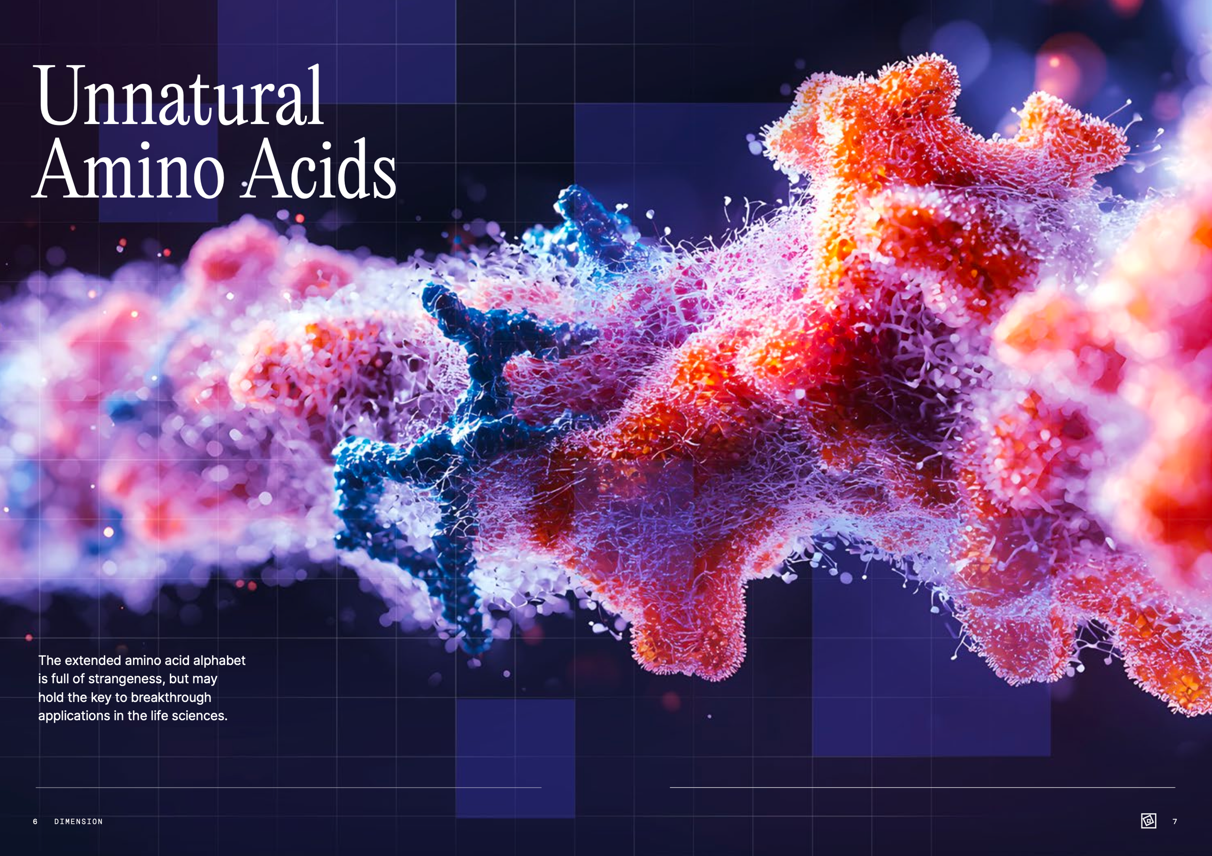 Colorful illustration of a coral reef with vibrant, abstract looks showing marine life and coral formations, with the text 'Unnatural Amino Acids' on the left and smaller text about amino acids at the bottom.