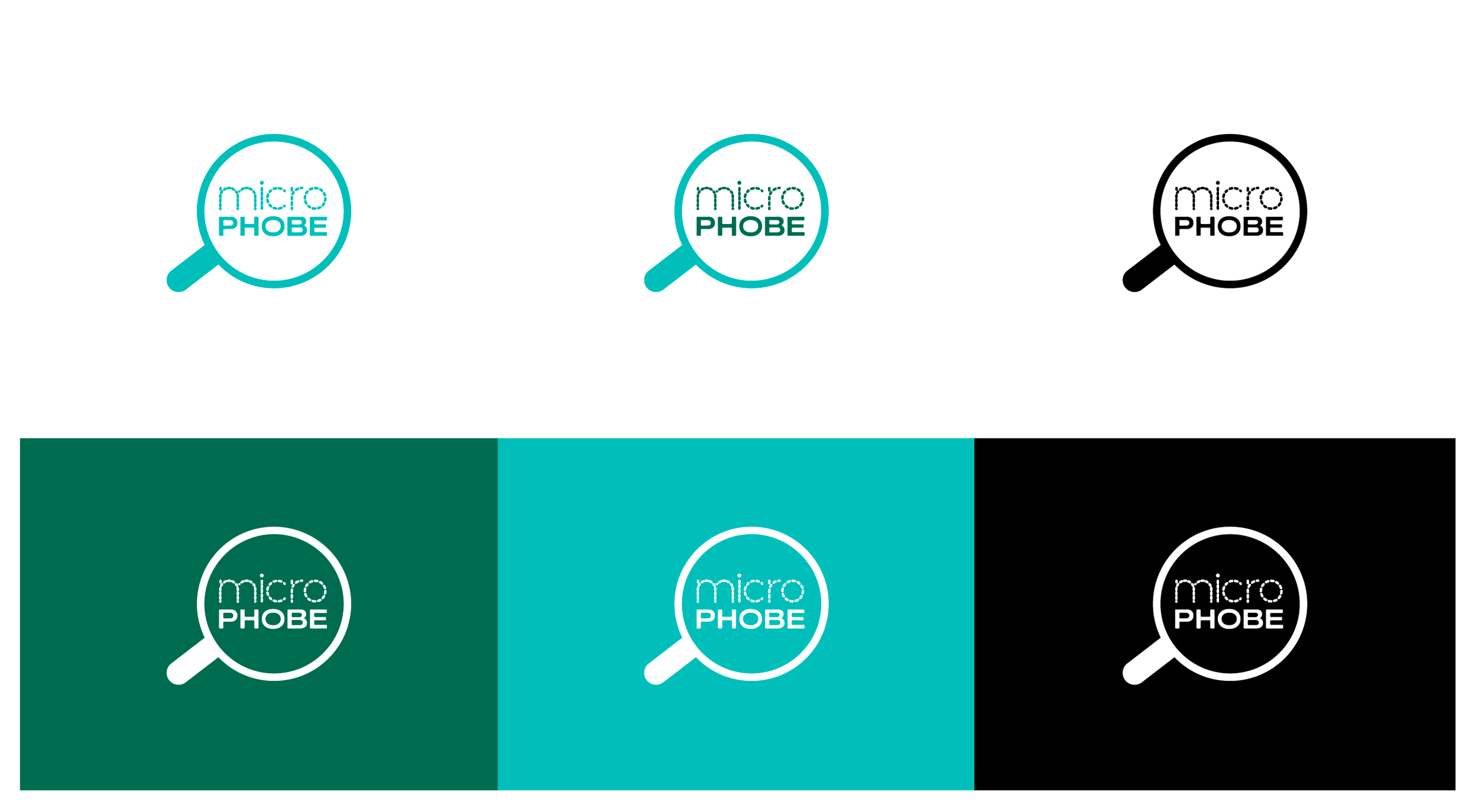 Collection of logos for 'microPHOBE' featuring a magnifying glass icon and text, in various colors and backgrounds.