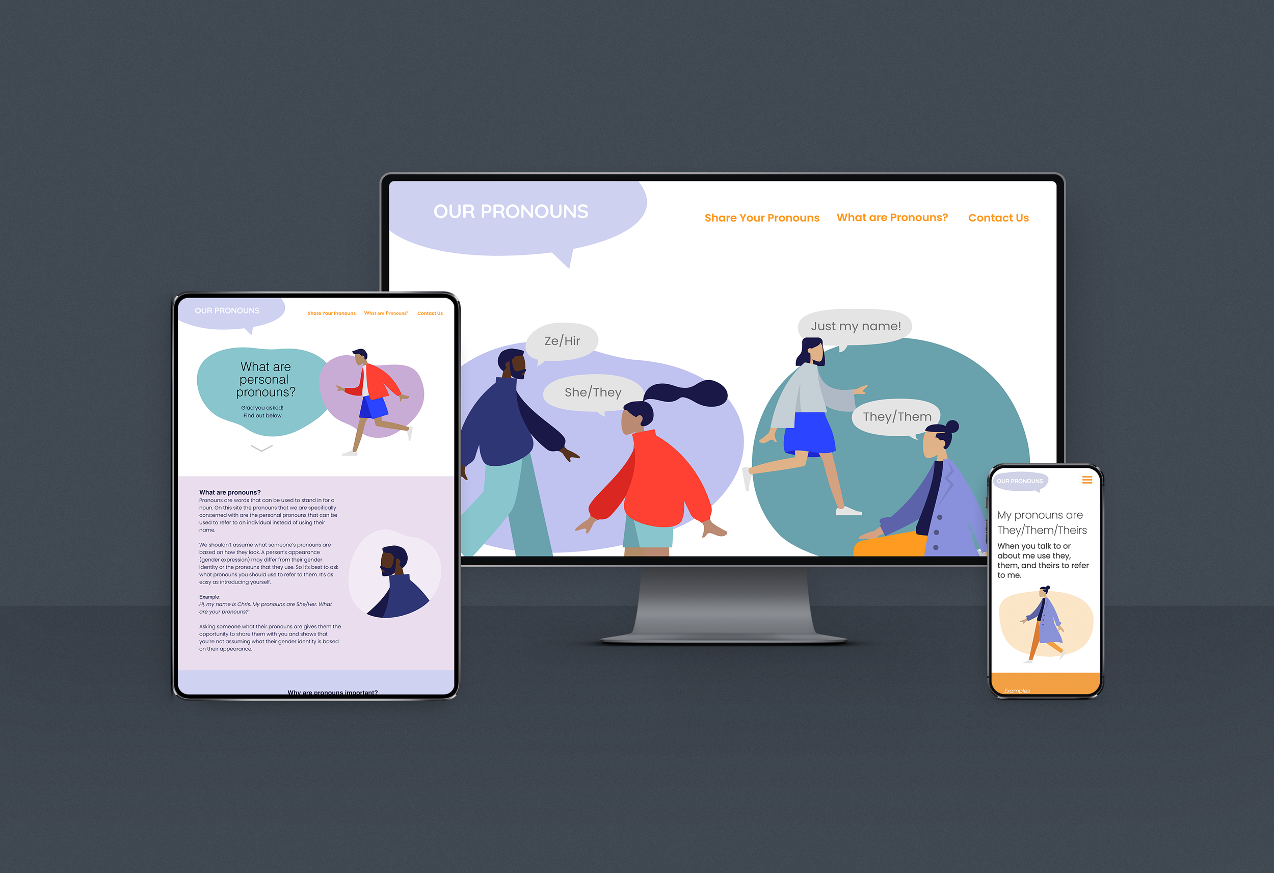 Multiple screens displaying educational content about personal pronouns, featuring illustrations of diverse people and speech bubbles with pronouns like Ze/Hir, She/They, and They/Them.