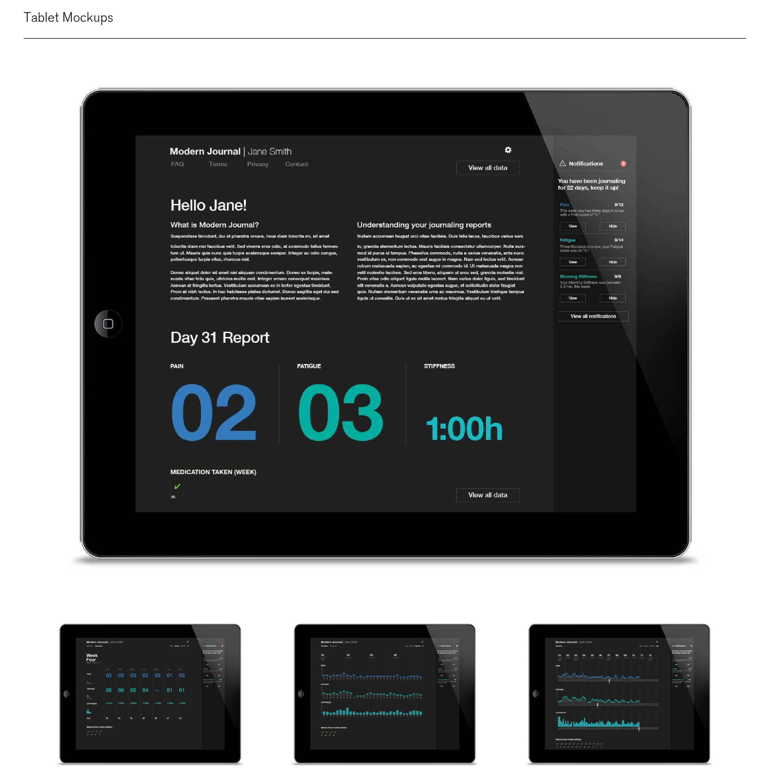 Collection of digital tablet mockups showing health and wellness tracking app interface with graphs, data reports, and notifications on a dark background.