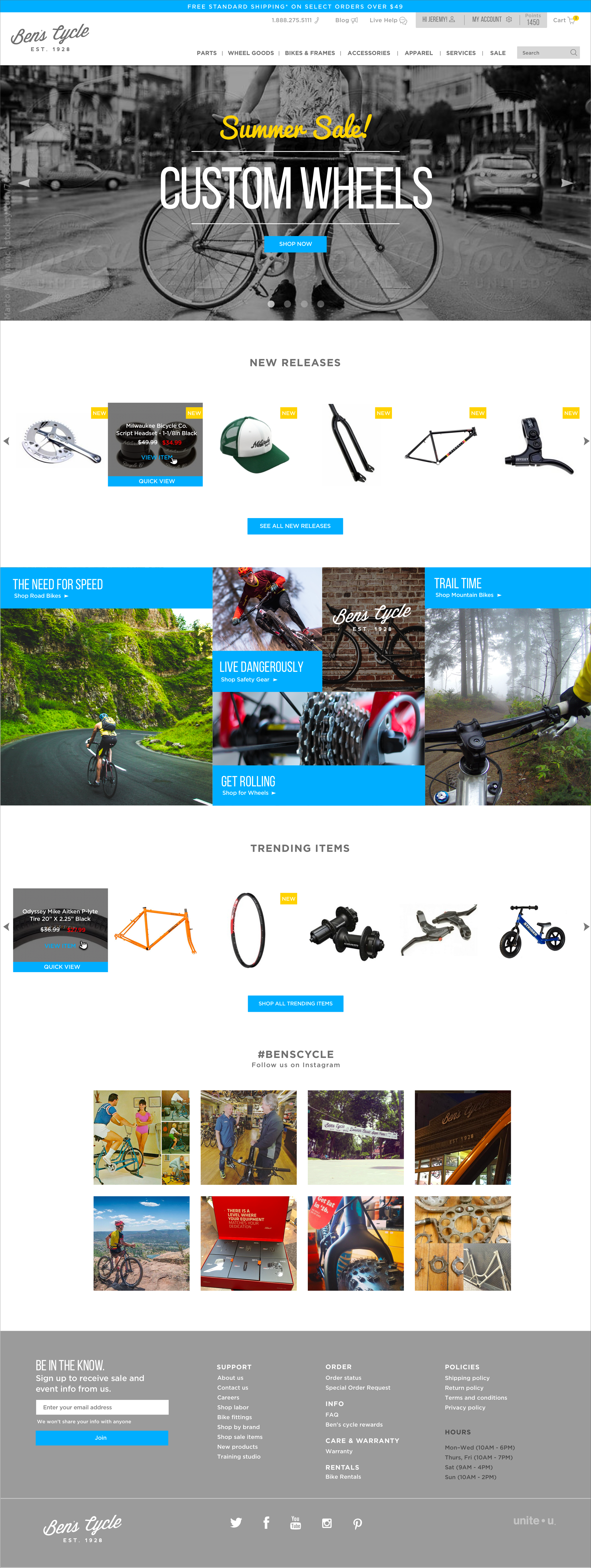 Homepage of a cycling website featuring a black and white hero image of a person with a bicycle, summer sale promotion, and sections showcasing new releases, cycling gear, trending items, and social media photos of cyclists.