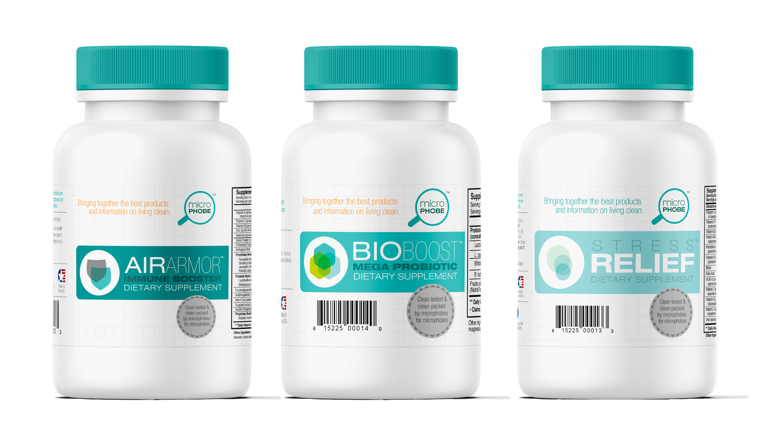 Three white bottles of dietary supplements with teal caps, labeled 'Air Armor,' 'BioBoost,' and 'Stress Relief.'